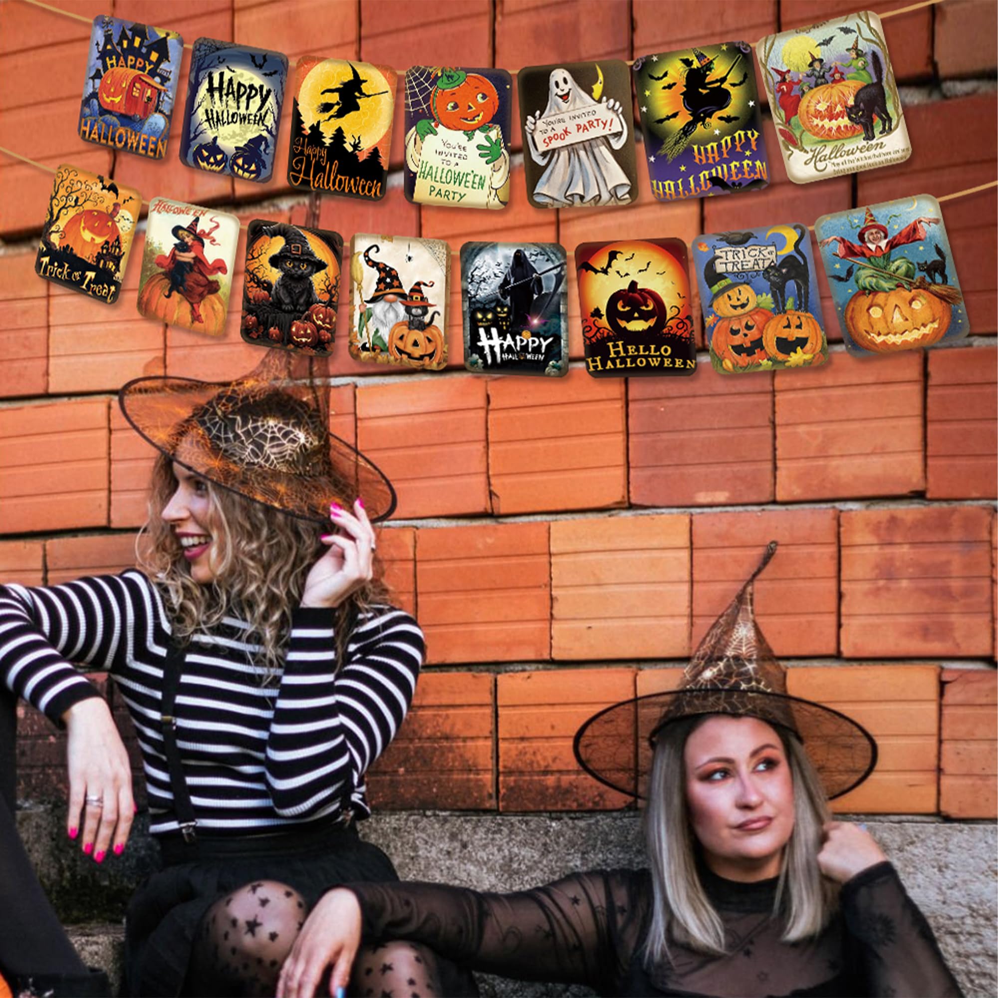 ICWJTGZ Vintage Halloween Banner 15 Pcs Retro Pumpkin Witch Paper Set A01