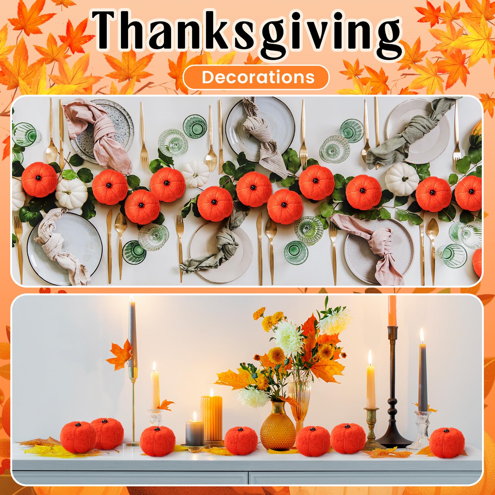 HunnmingRe 24 Pcs Miniature Felt Pumpkins Orange 1.8 Inch Fall Decor