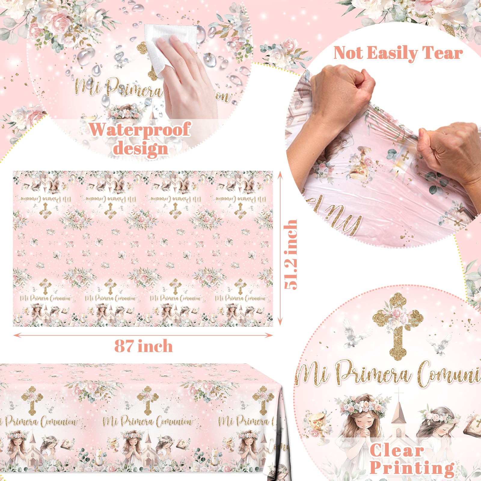 Juweked 3Pcs Pink Floral First Communion Plastic Table Cloth Decorations