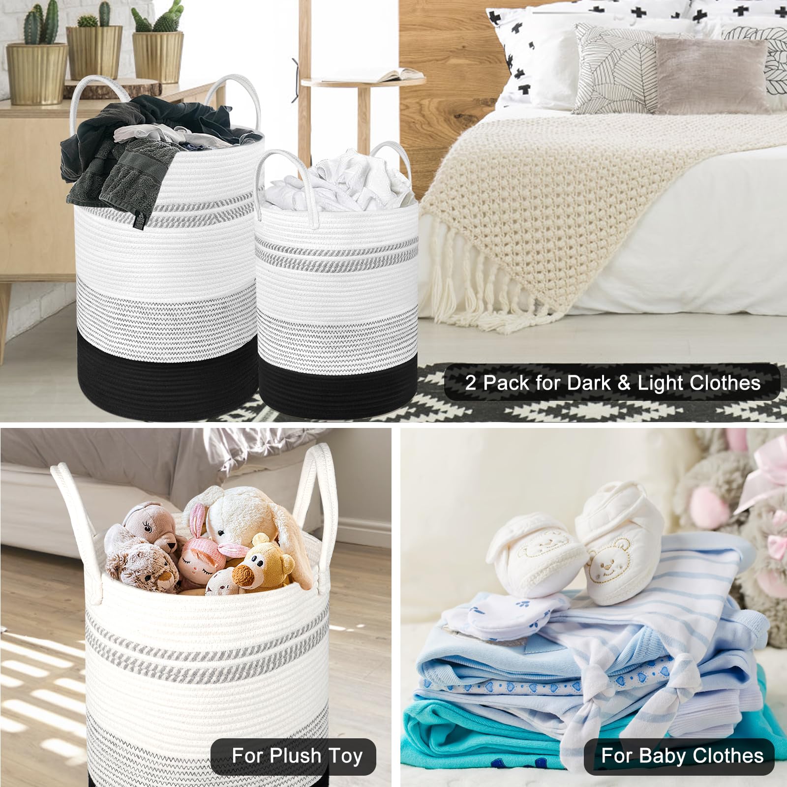2-Pack Rope Laundry Baskets Cotton Hamper Woven Storage 58L 28L Black