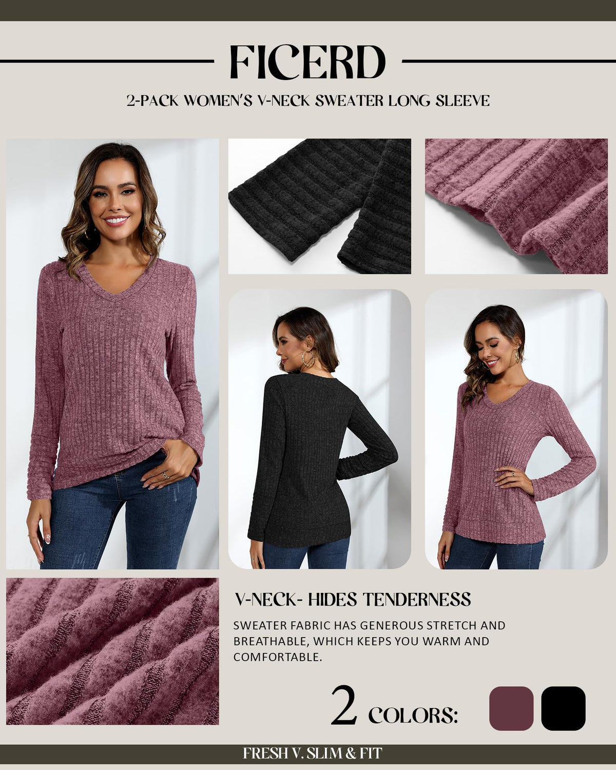 Ficerd 2 Pack Women V Neck Sweaters Long Sleeve Tunic Tops Lightweight Solid Color Casual Tunics Shirts(Small,Black, Coffee)