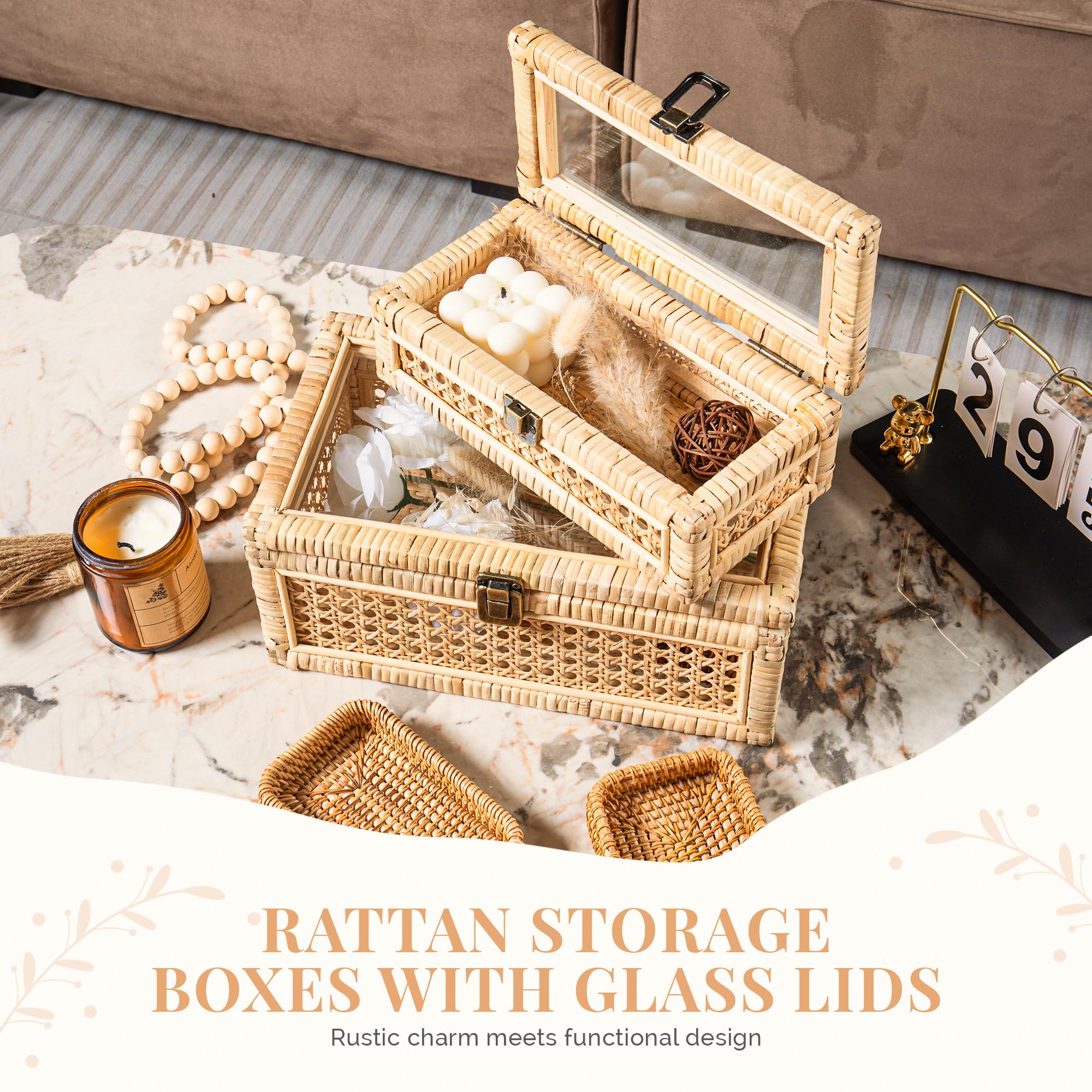 WISATO Rattan Display Boxes with Glass Lids Rectangular Natural Tan Set of 2