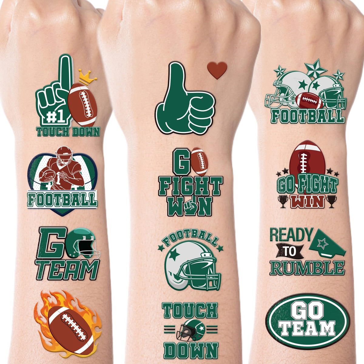 Green Team Spirit Temporary Tattoos, 180 Pcs Football Sports Cheer Face Tattoo Stickers, Glitter Green Team Spirit Week Accessories for Cheerleading Teams Sports Games Supplies School Prizes Rewards