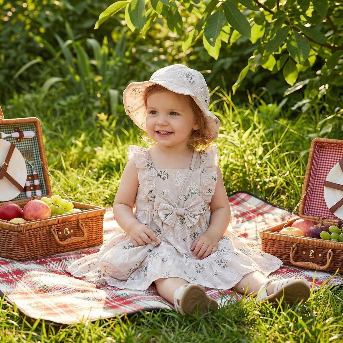 Summer Baby Girl Dresses 6M-3T, 100% Cotton Toddler Dress Ruffle Sleeve with Hat and Bag, Vintage Newborn Girl Floral Outfit (US, Age, 6 Months, 12 Months, Beige)