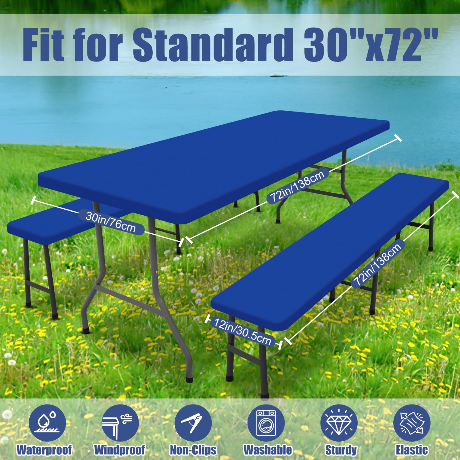 Moosfor Picnic Table Cover with Bench Covers Elastic Fitted Spandex 30x72 Blue