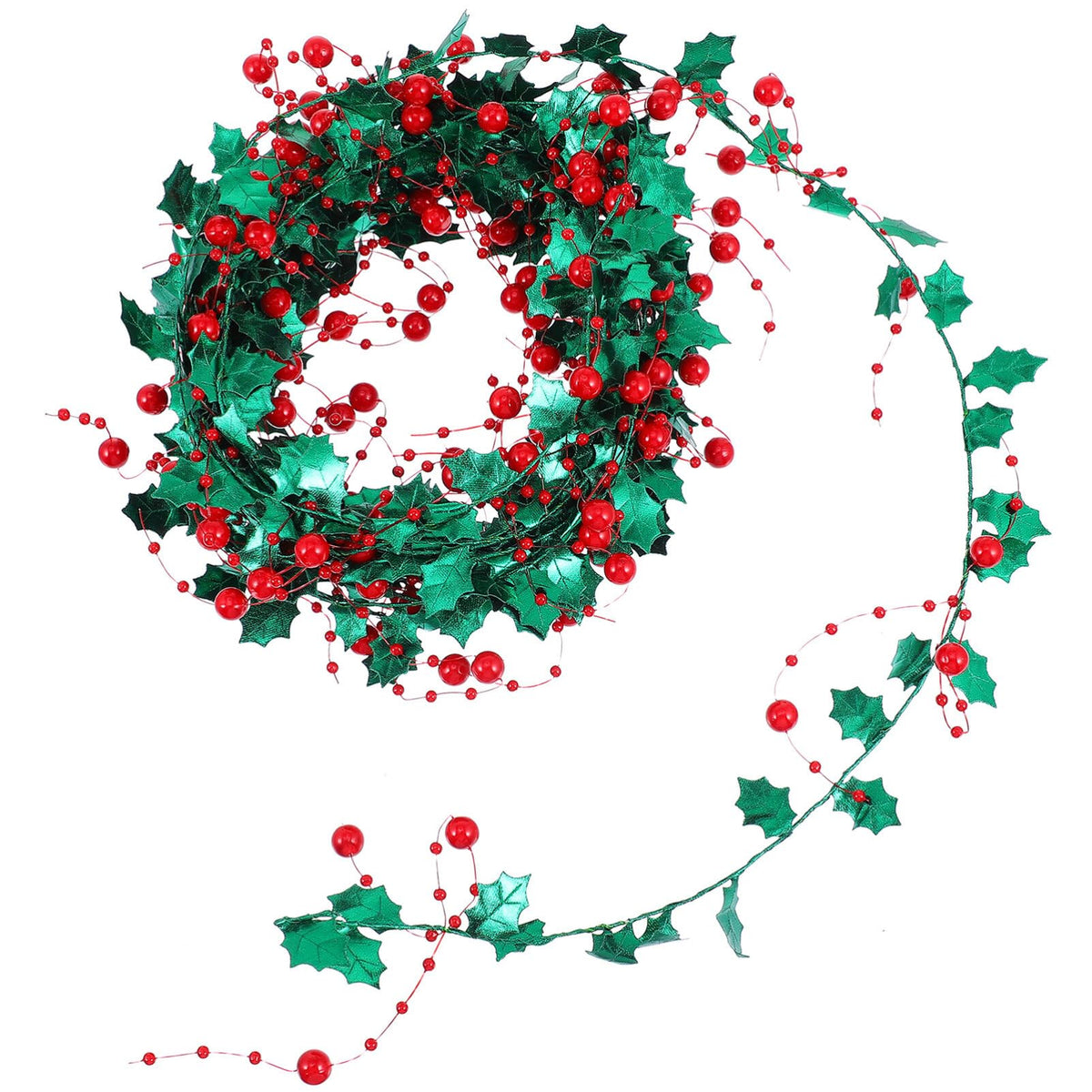 Veemoon 1 Roll Christmas Star Garland with Red Holly Berries 5M Green and Red Tinsel Wire Garland for Home Wedding Birthday Party Decorations