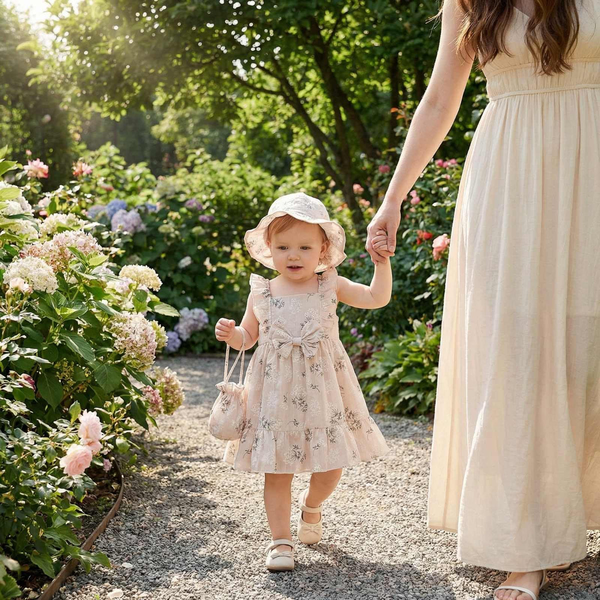 Summer Baby Girl Dresses 6M-3T, 100% Cotton Toddler Dress Ruffle Sleeve with Hat and Bag, Vintage Newborn Girl Floral Outfit (US, Age, 6 Months, 12 Months, Beige)