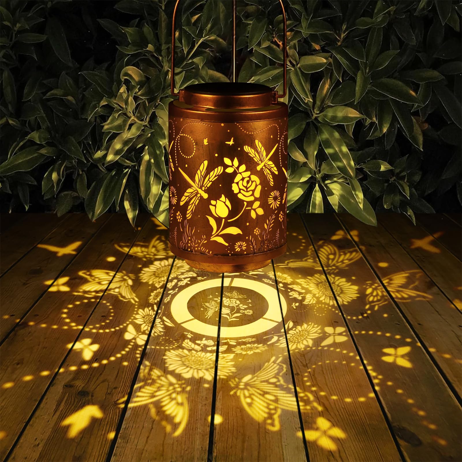 Tepaken 2 Pack Solar Lanterns Outdoor Waterproof Metal Hanging LED Lights Gold