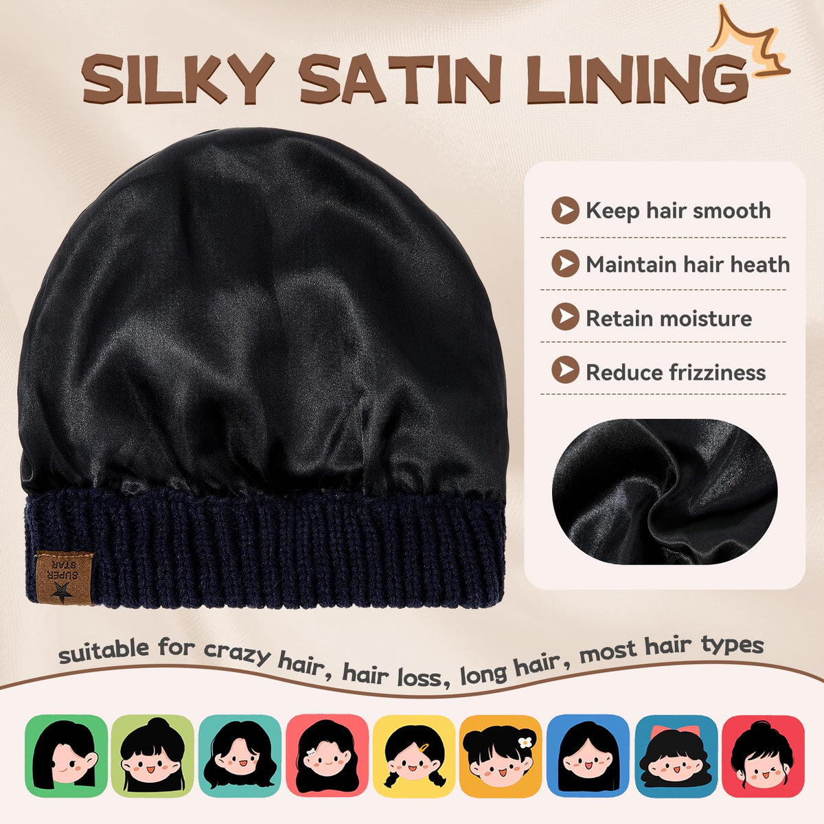 Zando Toddler Satin Lined Winter Hat Knitted Baby Beanie Silk Lined Infant Toddler Beanies Boys 2t-4t Baby Winter Hats for Boys Girls Warm Newborn Infant Winter Beanie Cap Black 6-36 Months