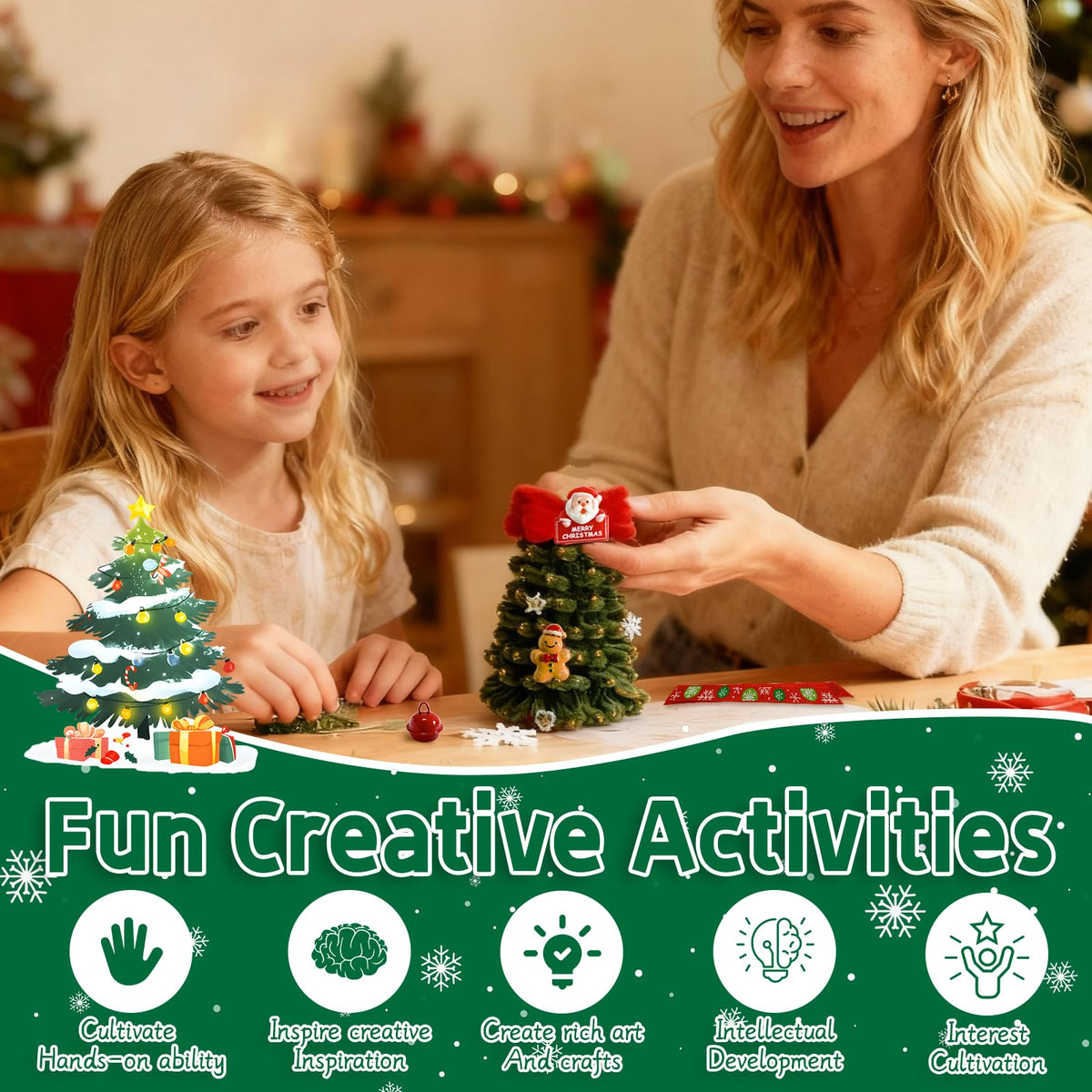 Pipe Cleaners Christmas Tree Ornaments Kit, Pipe Cleaner Craft Set for Holiday Family Activity, Handmade Christmas Hanging Decorations for Car, Wall, Mantels, Bedroom, Classroom, Office (Dark Green)
