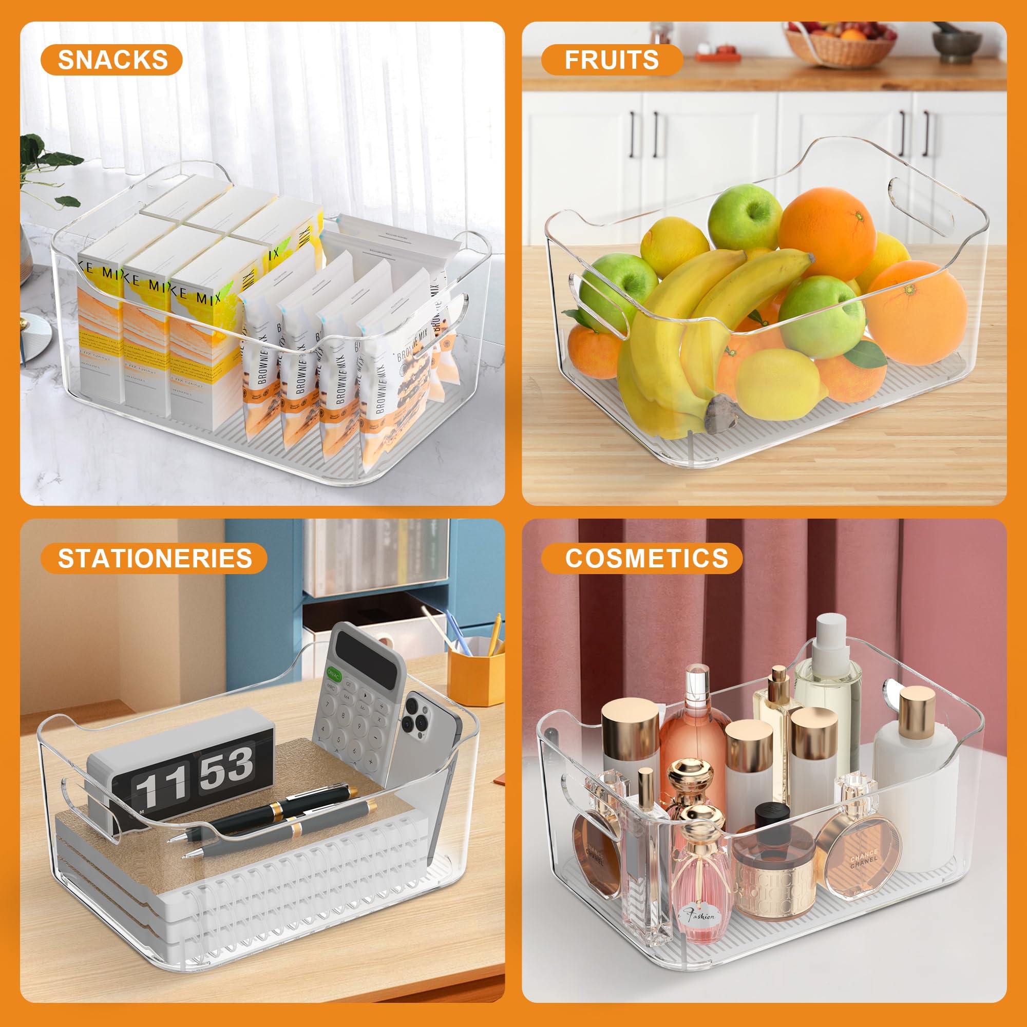 MERATIA Clear Plastic Storage Bins Pantry Organizer with Handle Large 4 Pack