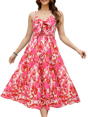 Gardenwed Women's Floral Print Maxi Dress Twisted V Neck Sleeveless Red Pink L