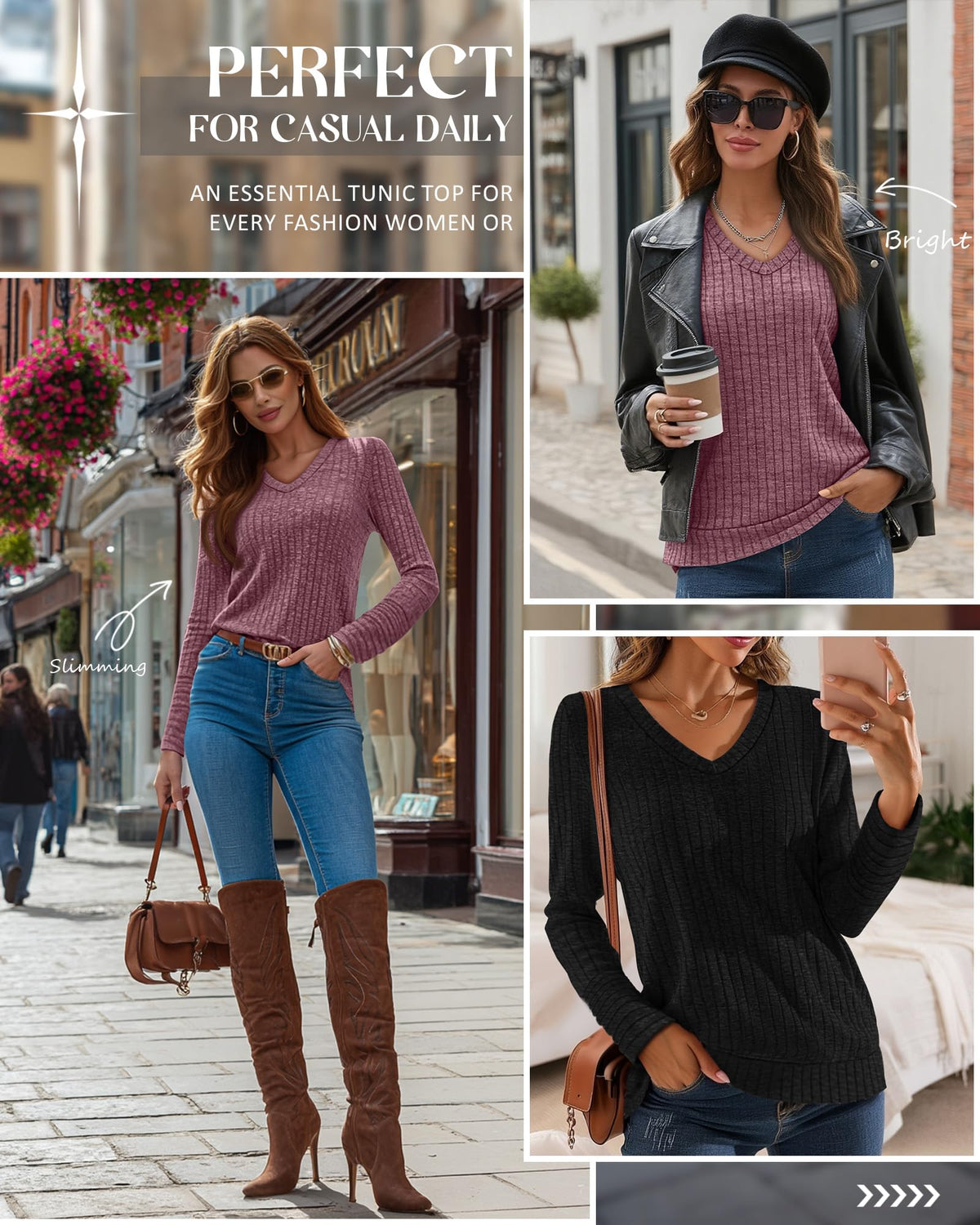 Ficerd 2 Pack Women V Neck Sweaters Long Sleeve Tunic Tops Lightweight Solid Color Casual Tunics Shirts(Small,Black, Coffee)