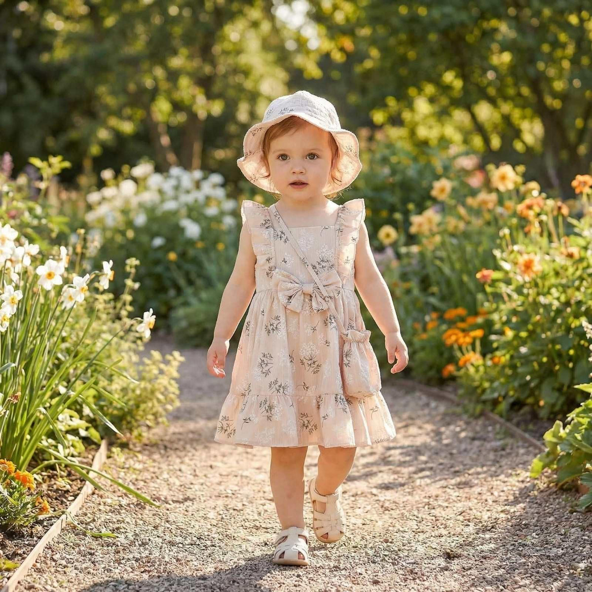 Summer Baby Girl Dresses 6M-3T, 100% Cotton Toddler Dress Ruffle Sleeve with Hat and Bag, Vintage Newborn Girl Floral Outfit (US, Age, 6 Months, 12 Months, Beige)