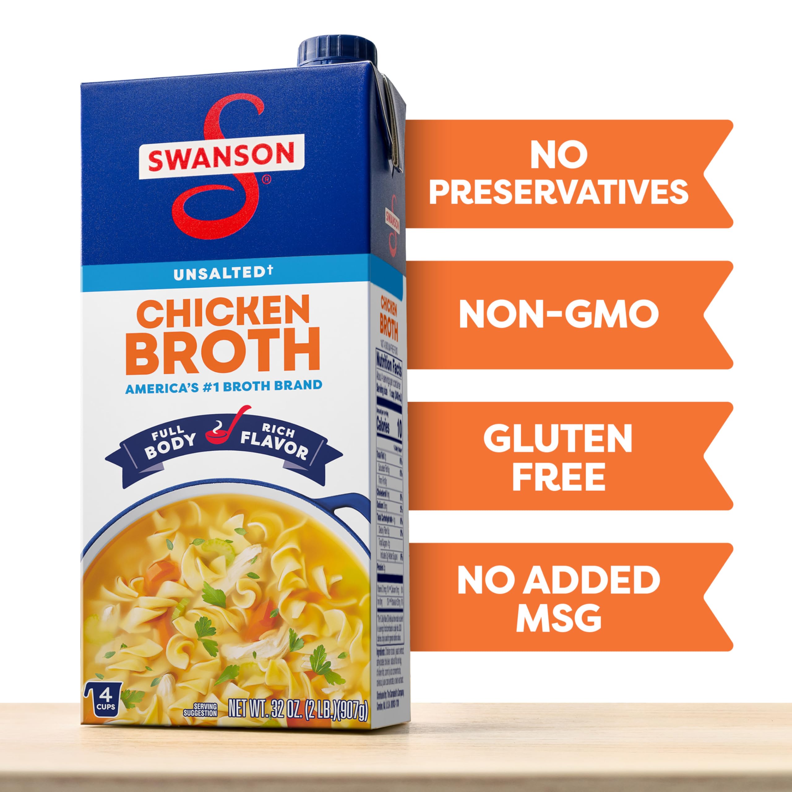 SWANSON Unsalted Chicken Broth 32 oz Carton Gluten Free 2 lbs