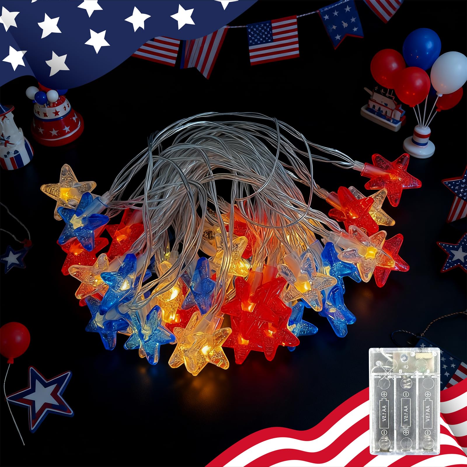 HOTHGAR Patriotic Star String Lights Battery Operated 20ft 40LED Red White Blue