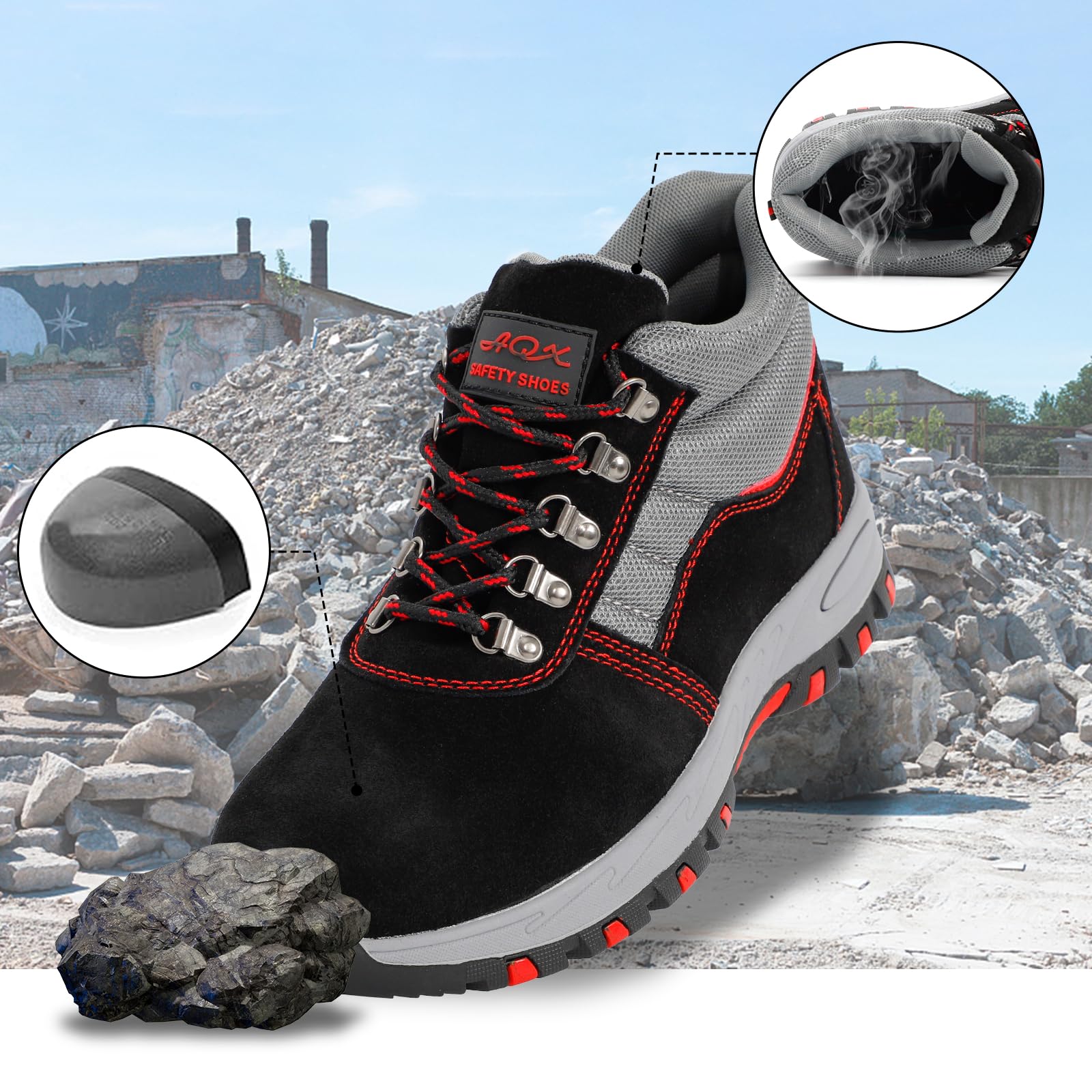 ESTAMICO Steel Toe Work Boots Men Safety Shoes Black Size 11.5
