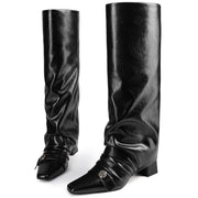 zhsrin Knee High Boots for Women Square Toe Chunky Heel Fold Over Slouchy Boots Wide Calf Comfortable Tall Boots