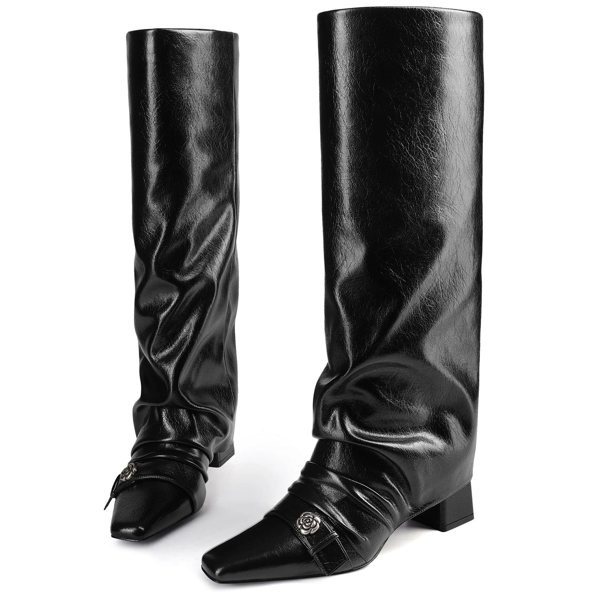 zhsrin Knee High Boots for Women Square Toe Chunky Heel Fold Over Slouchy Boots Wide Calf Comfortable Tall Boots