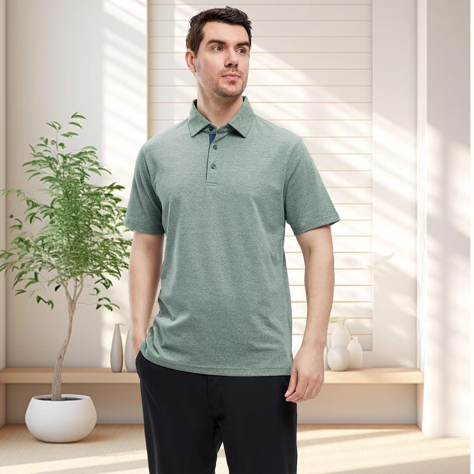 VEBOON Men Polo Shirt Short Sleeve Performance Business Casual Frost Green Large