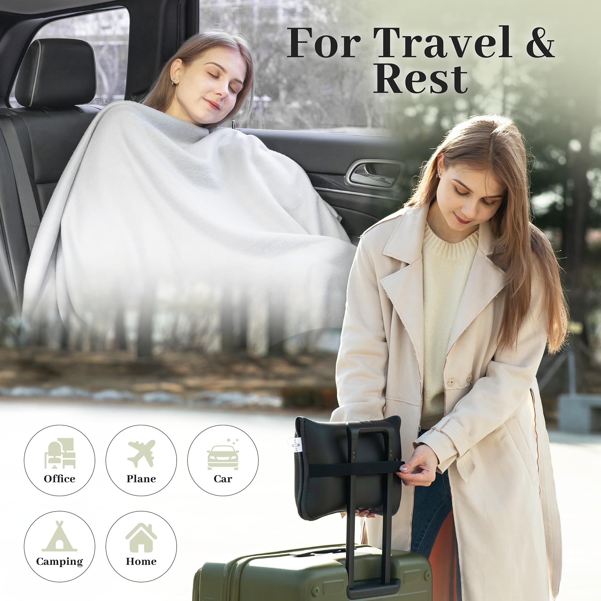Elvasa Travel Blanket and Pillow Set Compact Lightweight Fleece Black Small