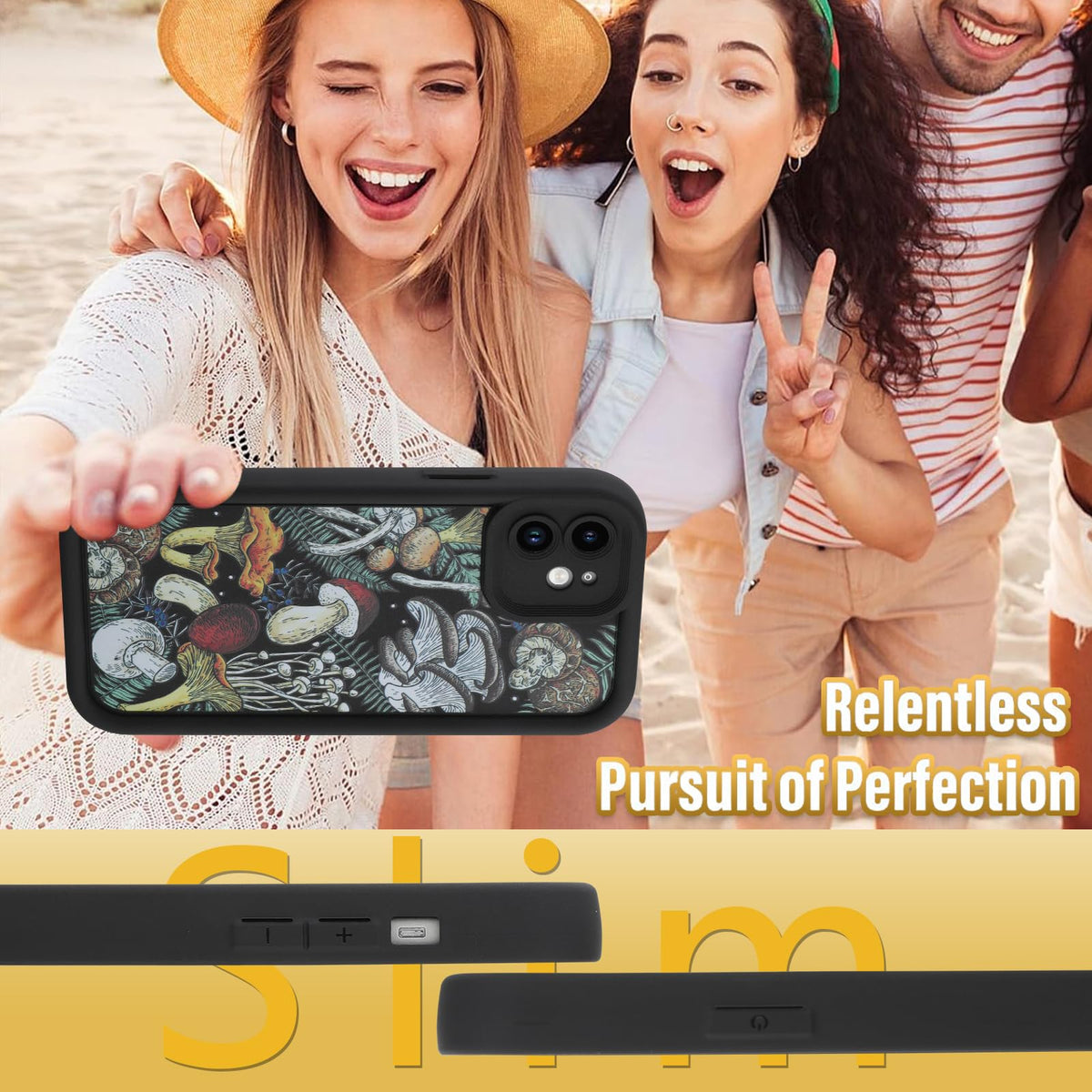 KANGHAR Black Case for iPhone 15 Pro Case, Cute Mushroom Art Design Soft TPU Shockproof Protective for Women Girls Slim Phone Cover
