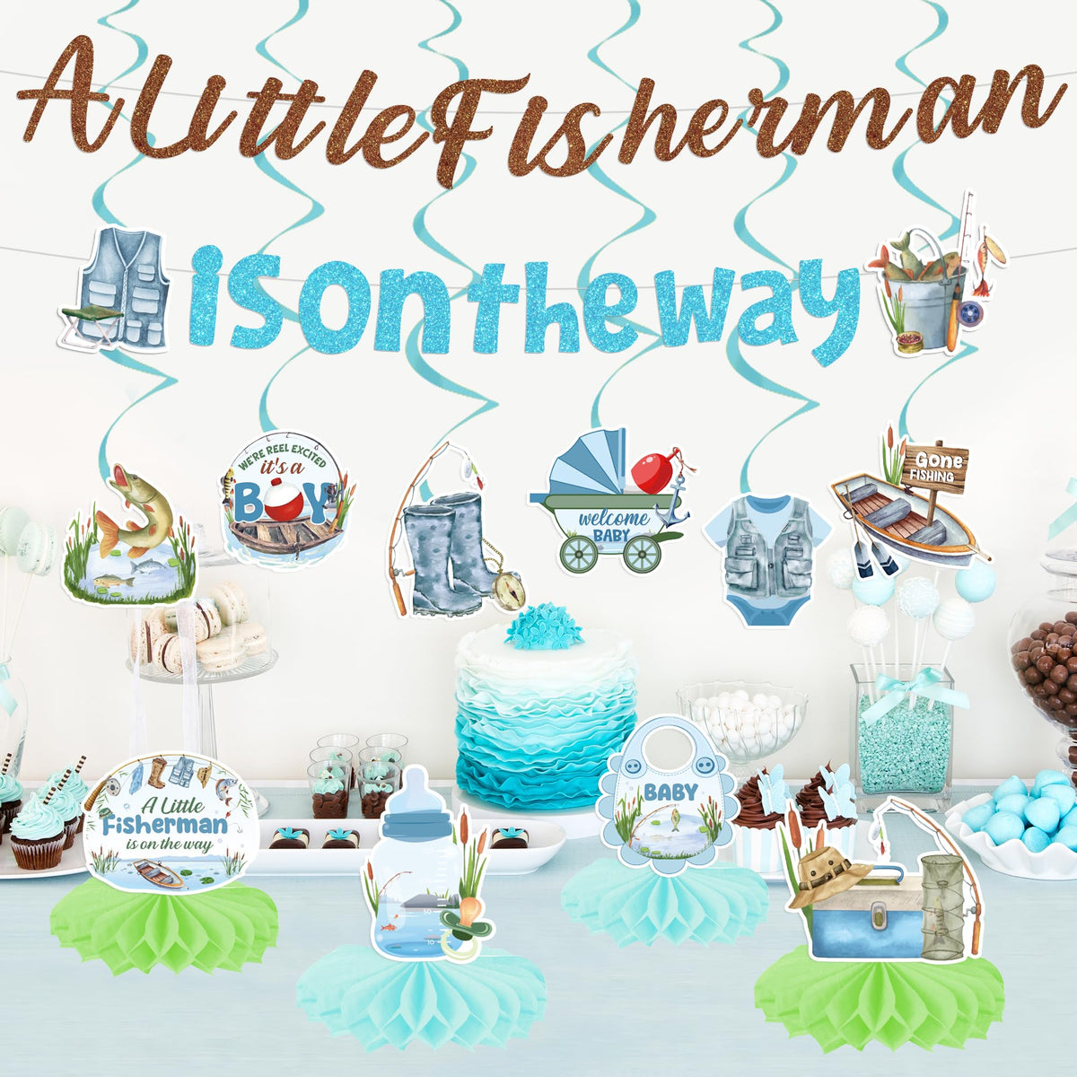 Fishing Baby Shower Decor Set: 2 Banners, 6 Swirls, 4 Honeycomb Decor
