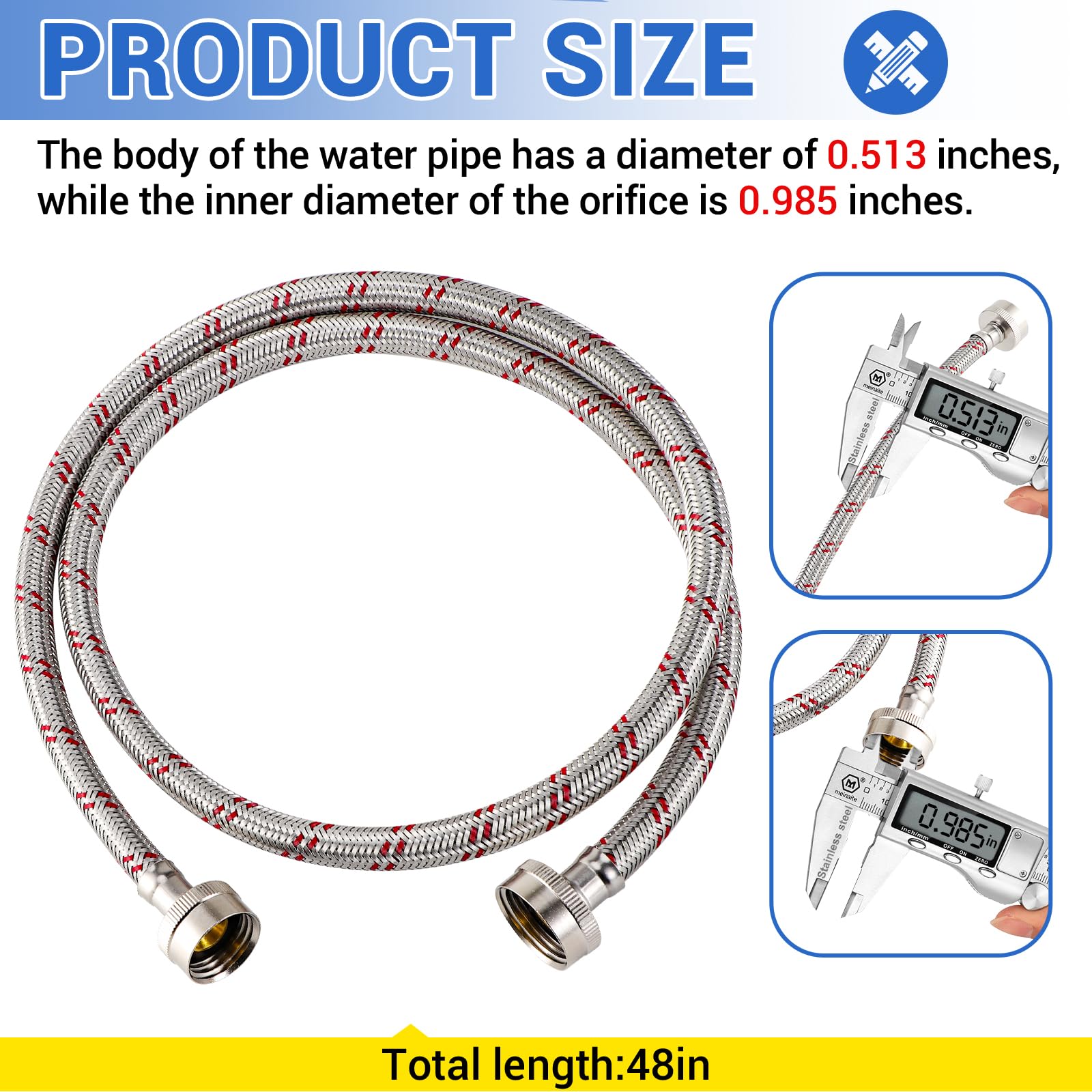 Yejesiy 4ft Stainless Steel Washing Machine Hoses 2 Pack Hot Cold Red Blue
