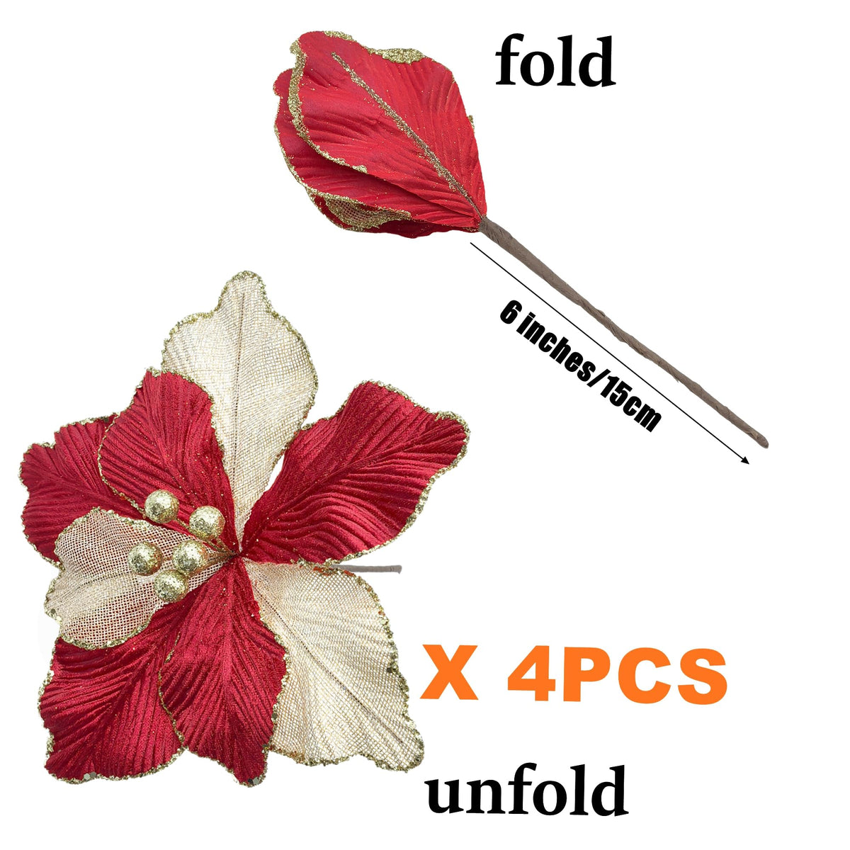 Artificial Christmas Poinsettia Picks, Red and Champagne, 4-Piece Set