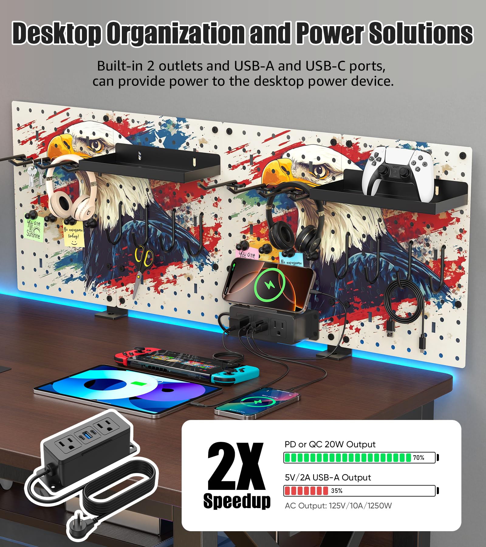 CCCEI Modular Pegboard Desk Organizer with USB Outlets Metal Panels 6FT