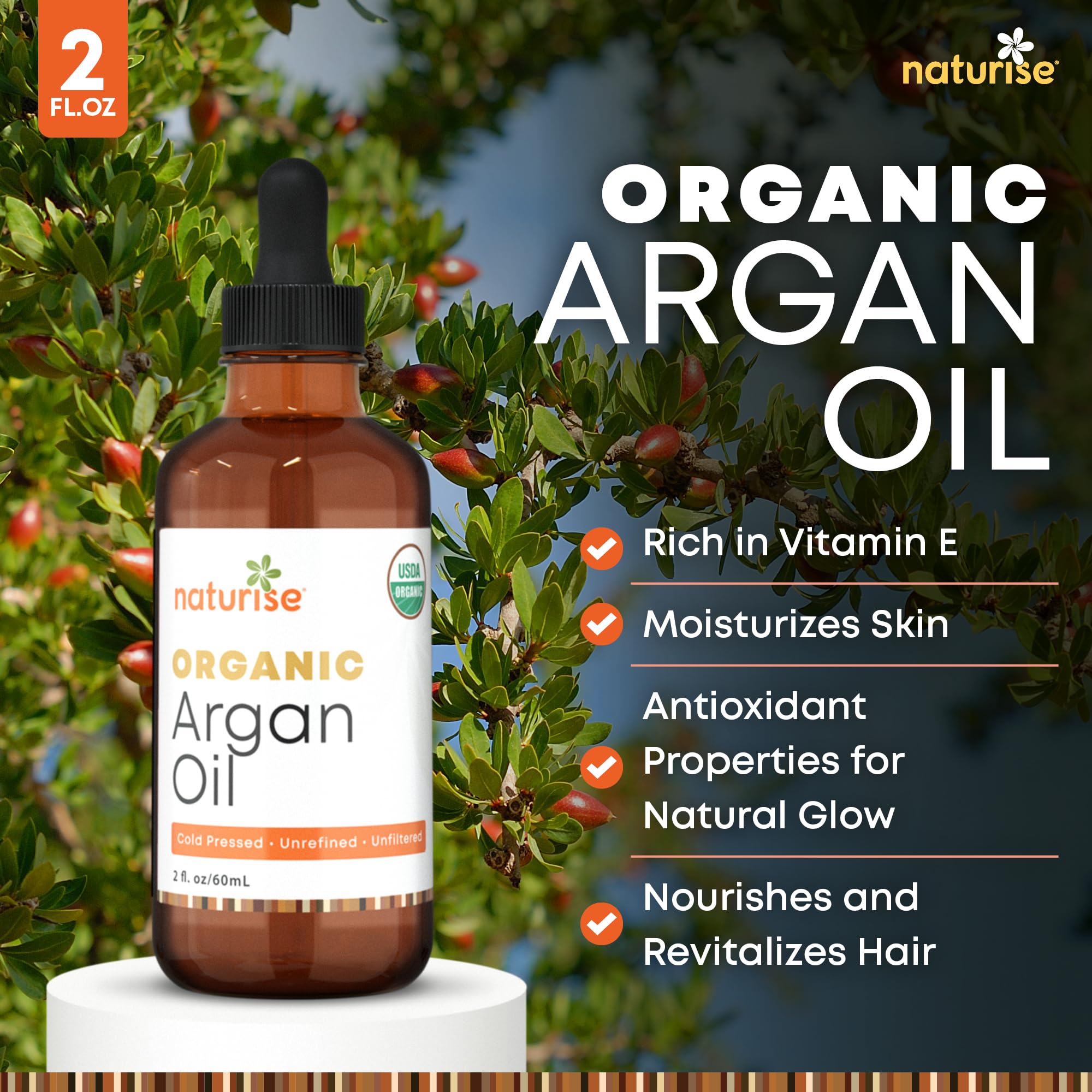 Naturise Organic Argan Oil Hair & Skin Cold Pressed Pure Morocco 2 fl oz