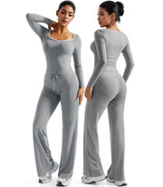 OMKAGI Womens Lounge Set Lace Square Neck Long Sleeve Grey 2PC Size M