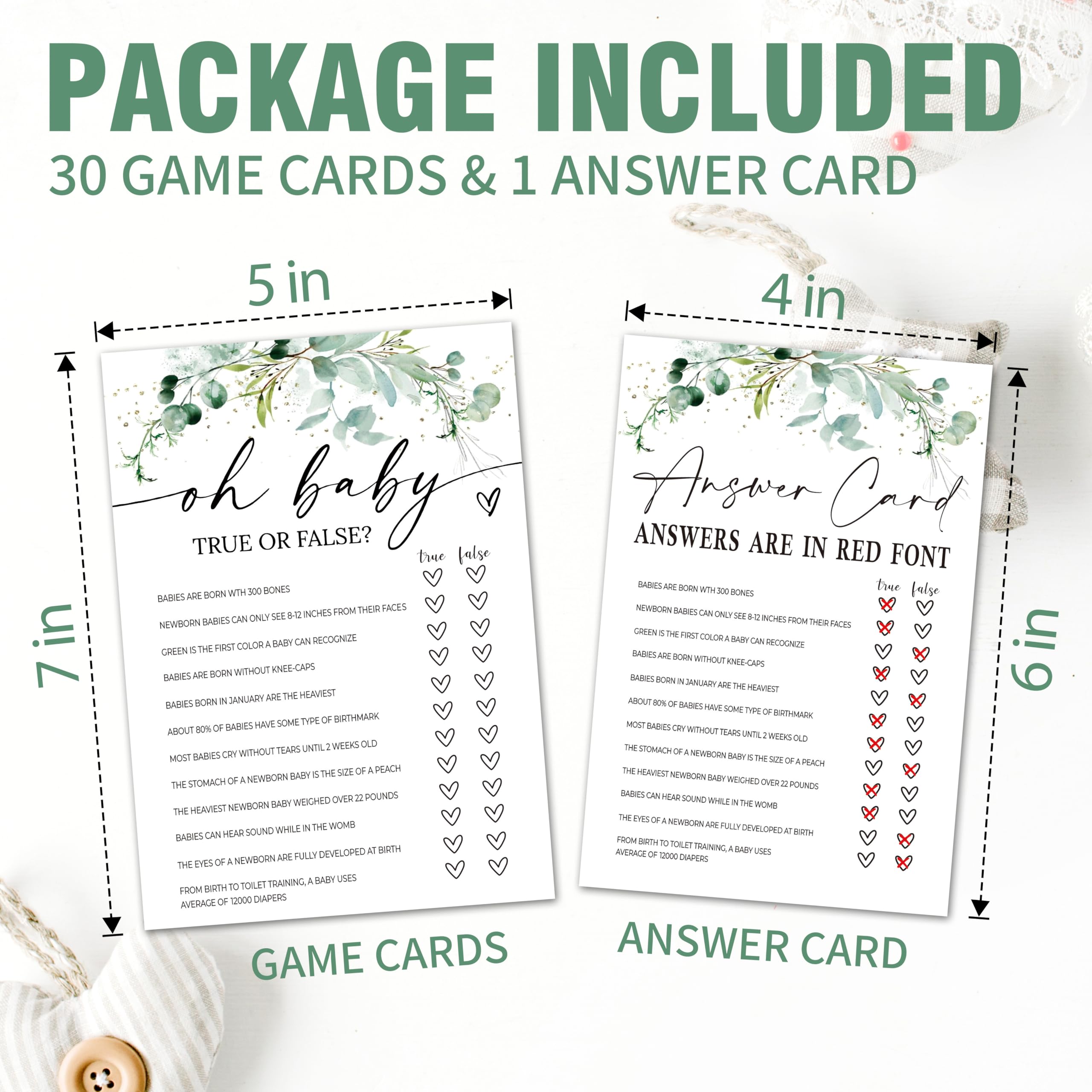 AKTFV Baby Shower Game Cards True Or False Set of 30 Greenery Double Sided