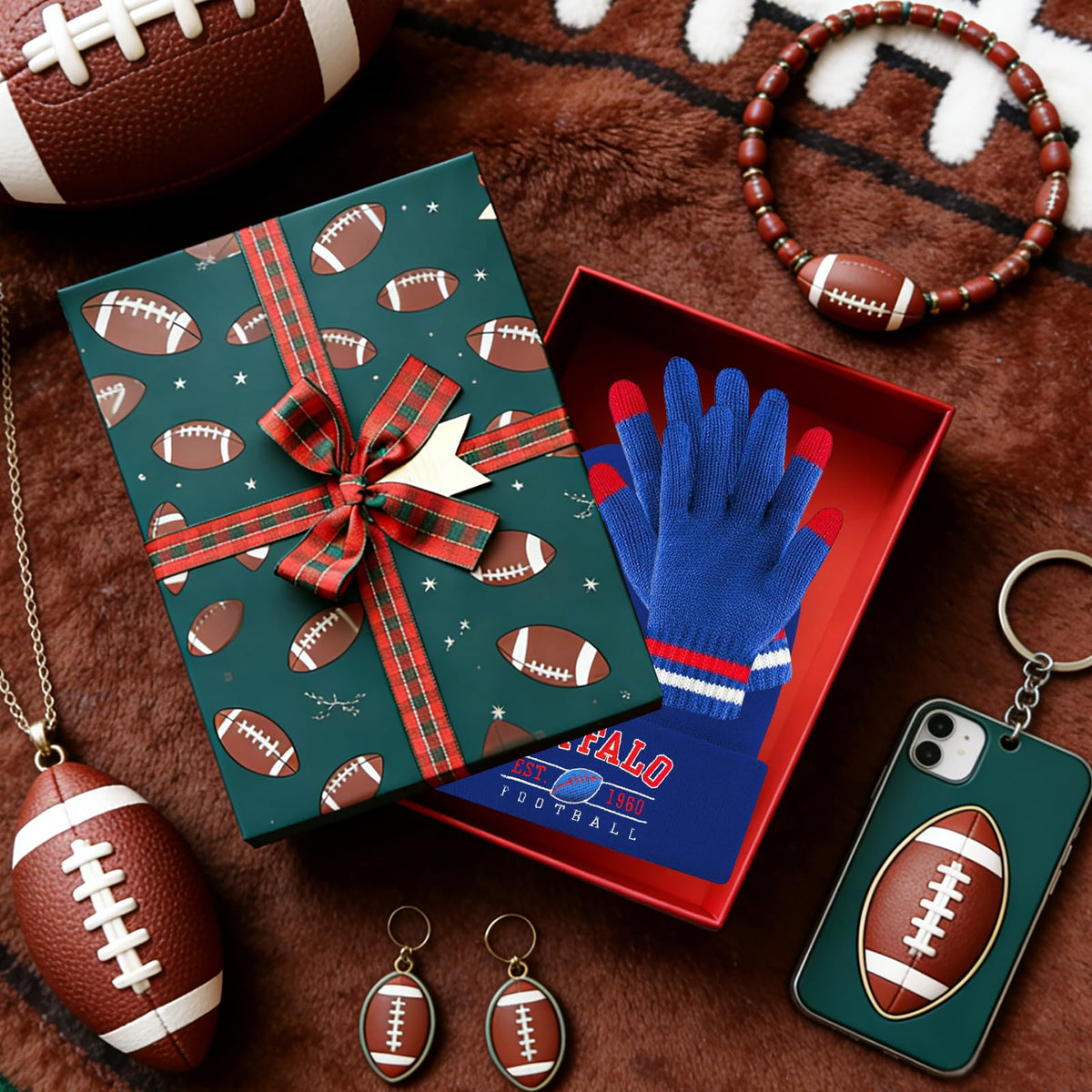 Winter Embroidered Soft Beanie Football Knit Hat With Warm Touch Screen Gloves - Game Day Gifts For Men Women And Fans
