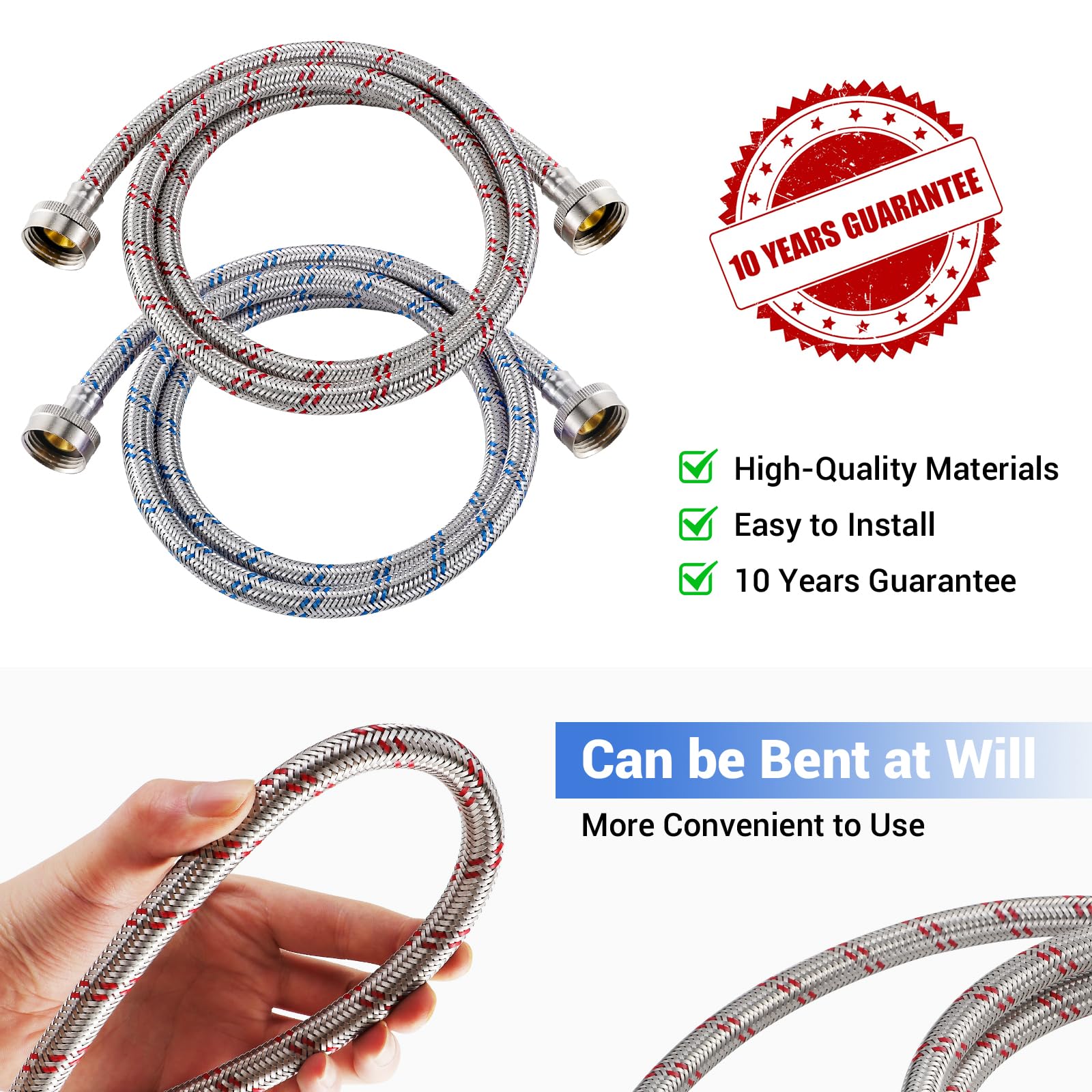 Yejesiy 4ft Stainless Steel Washing Machine Hoses 2 Pack Hot Cold Red Blue