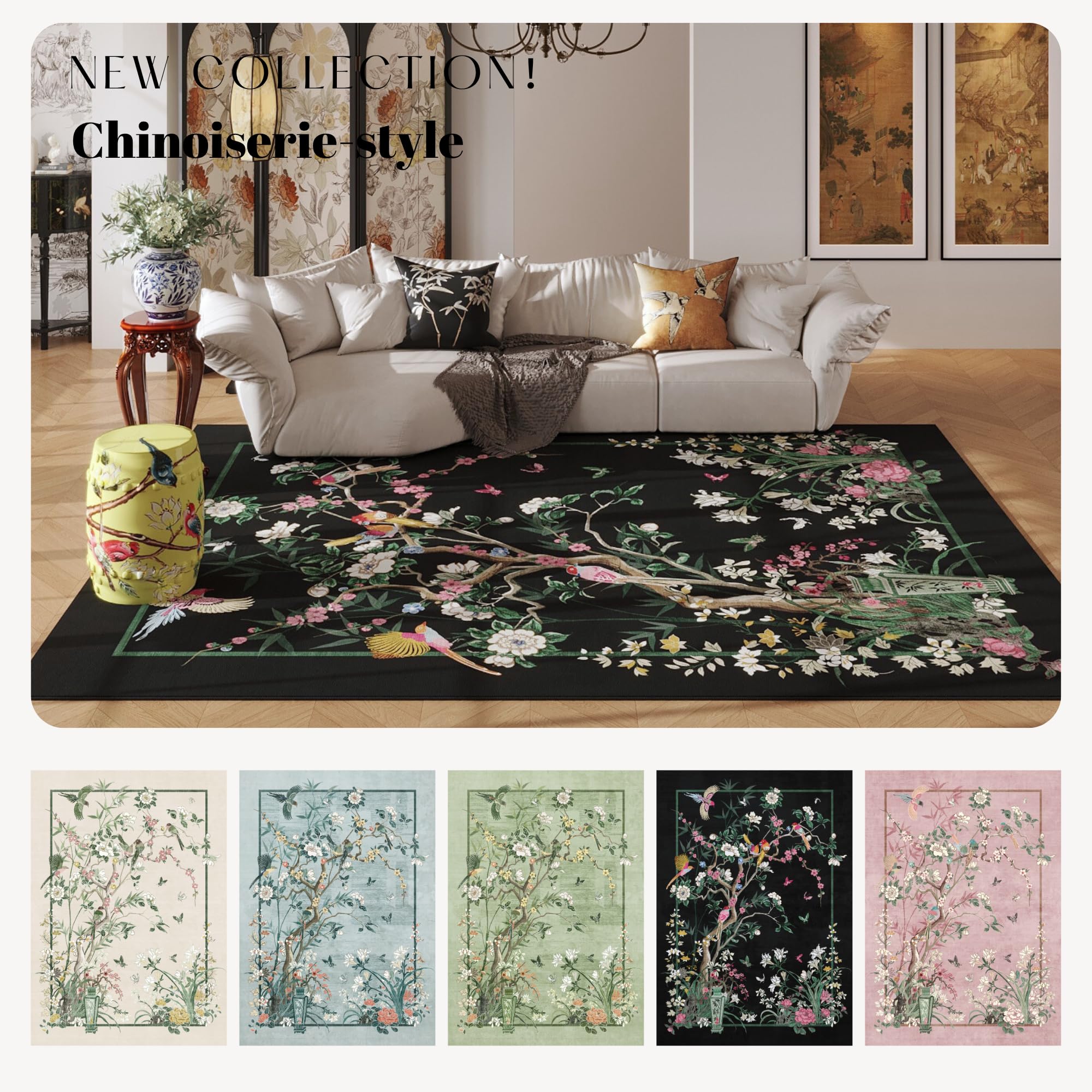 Vowkten Chinoiserie Floral Runner Rug Black Non Slip Washable 2'7x8'