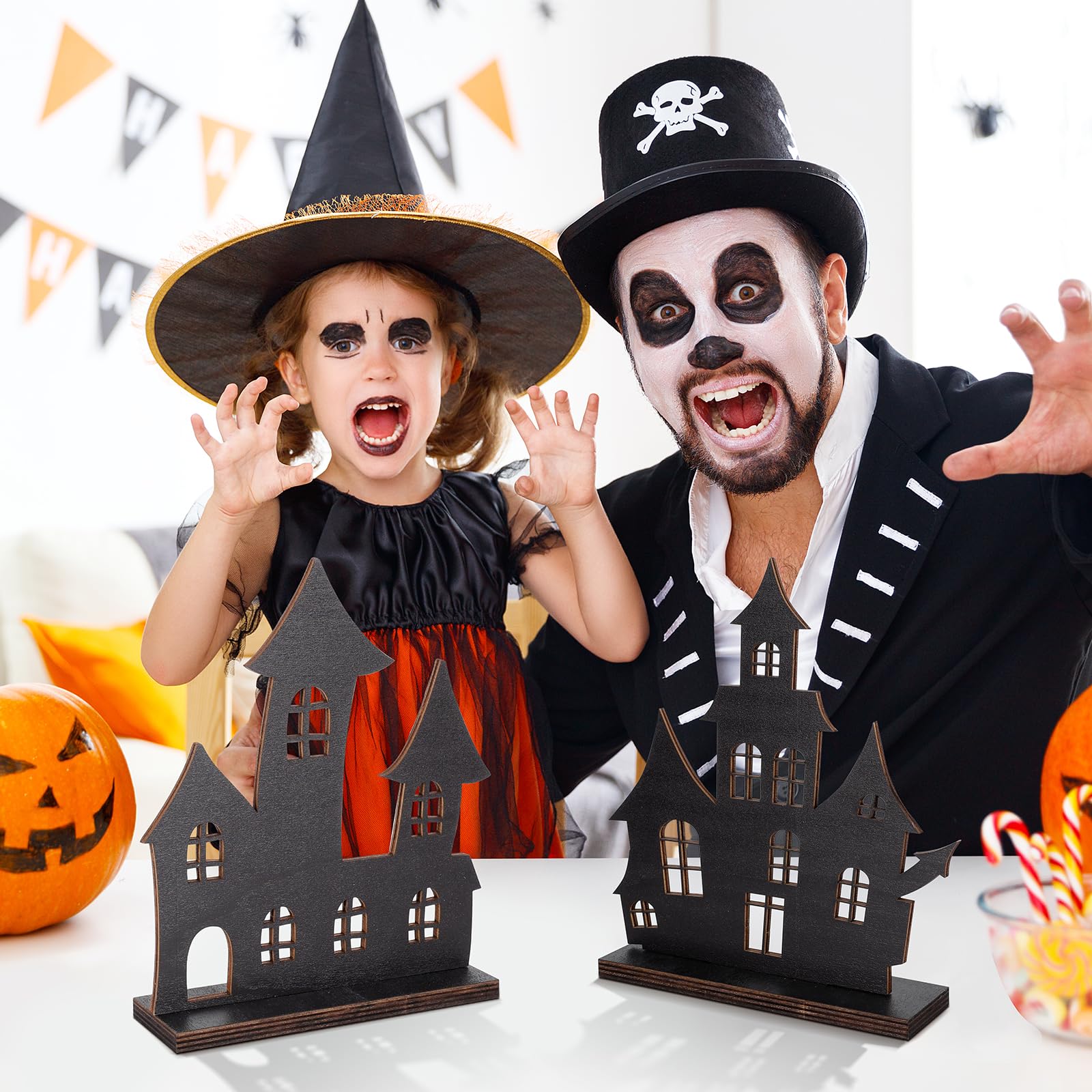 YLOLUL 6 Pcs Halloween Wooden Haunted House Table Centerpiece Decorations