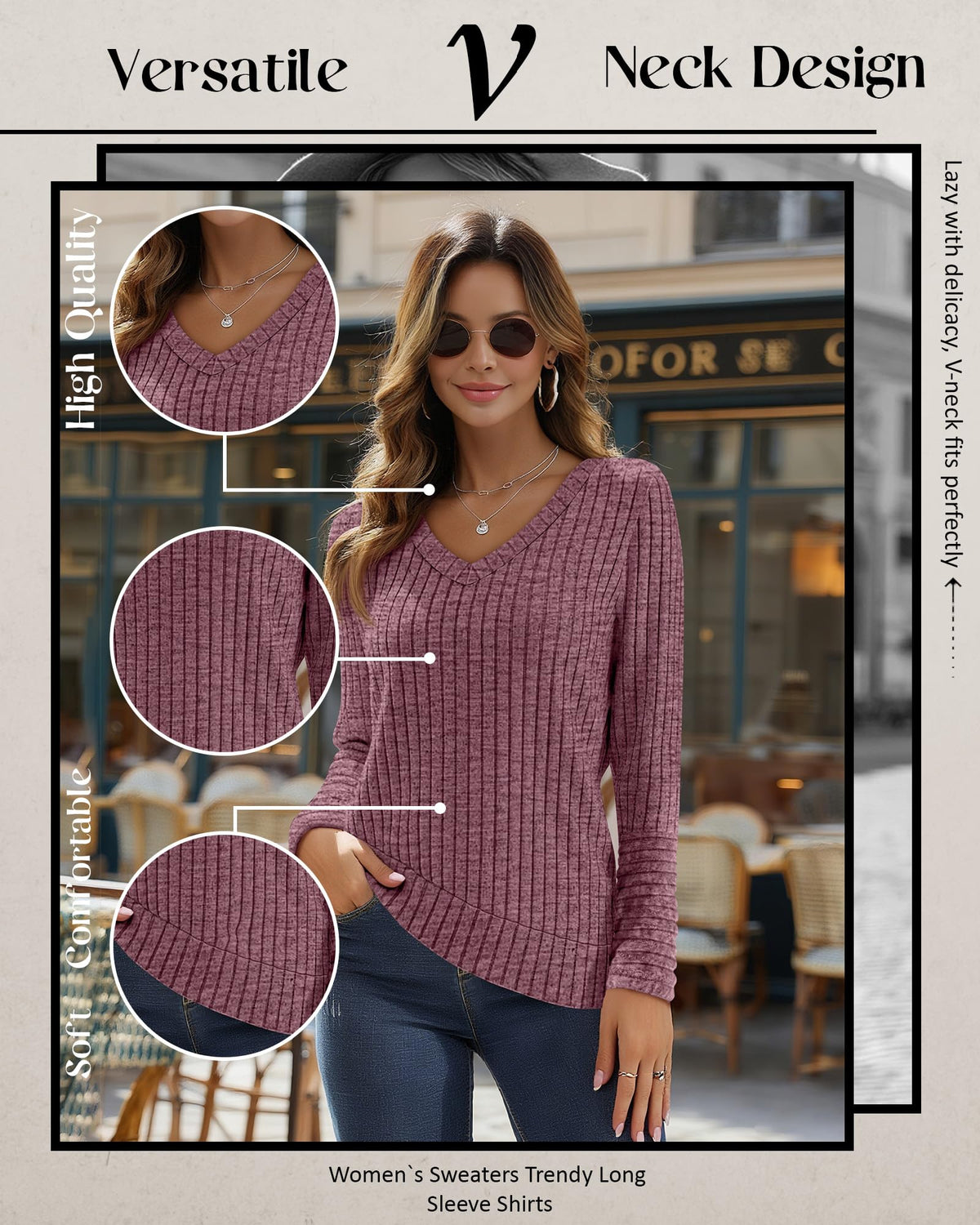 Ficerd 2 Pack Women V Neck Sweaters Long Sleeve Tunic Tops Lightweight Solid Color Casual Tunics Shirts(Small,Black, Coffee)
