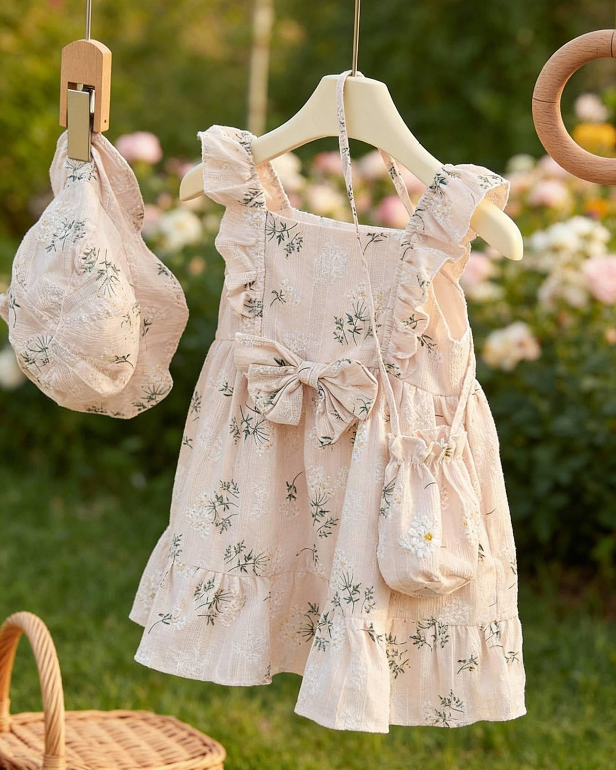 Summer Baby Girl Dresses 6M-3T, 100% Cotton Toddler Dress Ruffle Sleeve with Hat and Bag, Vintage Newborn Girl Floral Outfit (US, Age, 6 Months, 12 Months, Beige)