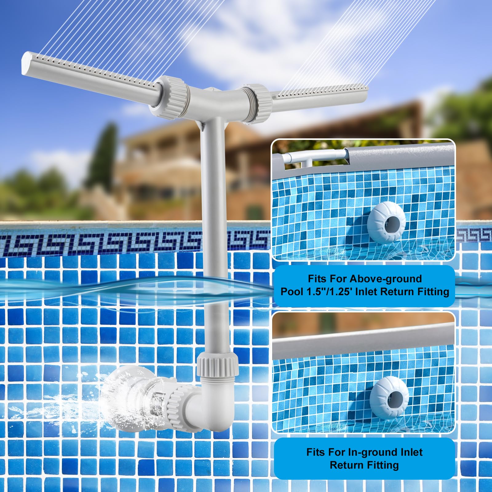 SWIMMORY Solar Pool Fountain Dual Sprayer with Lights Timer Remote White