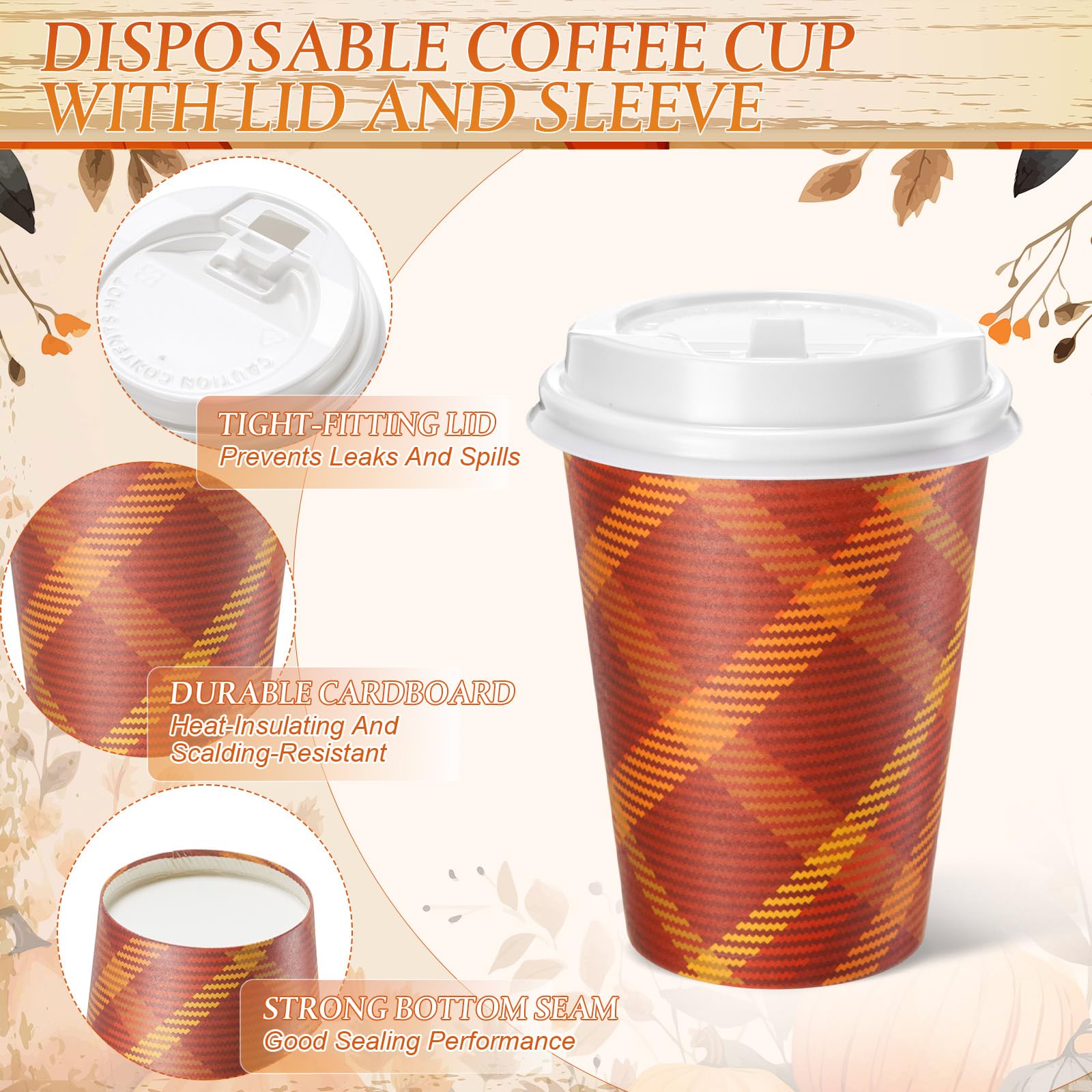 Sunnychicc 120 Pcs 12oz Fall Disposable Coffee Cups with Lids Checkered Design