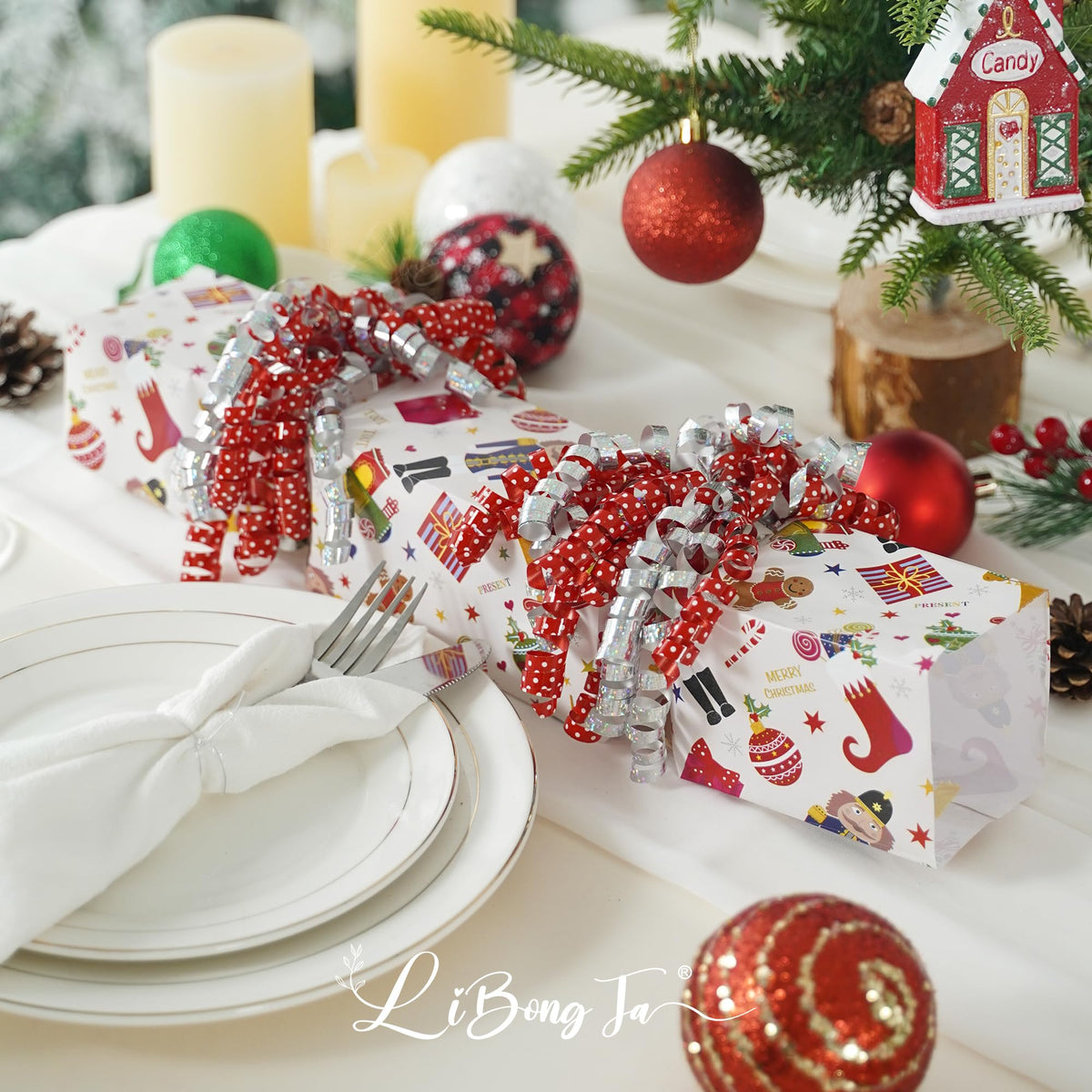 LiBongTa 12 PCs Bows 5" Silver and Red Bow Ornaments with White Dots