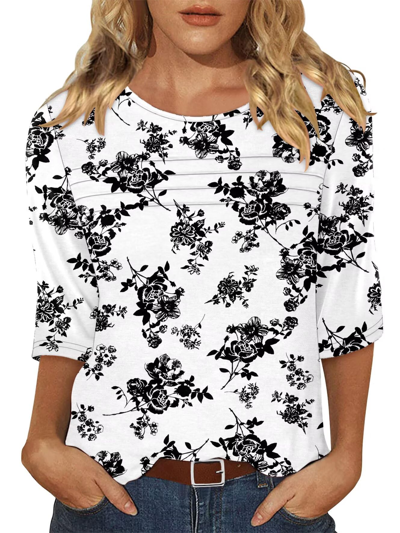 KISSMODA Women's 3/4 Sleeve Floral Print Soft Top Black Rose Size XL