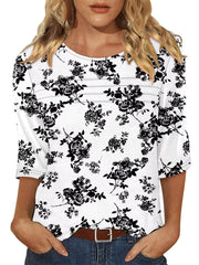 KISSMODA Women's 3/4 Sleeve Floral Print Soft Top Black Rose Size XL