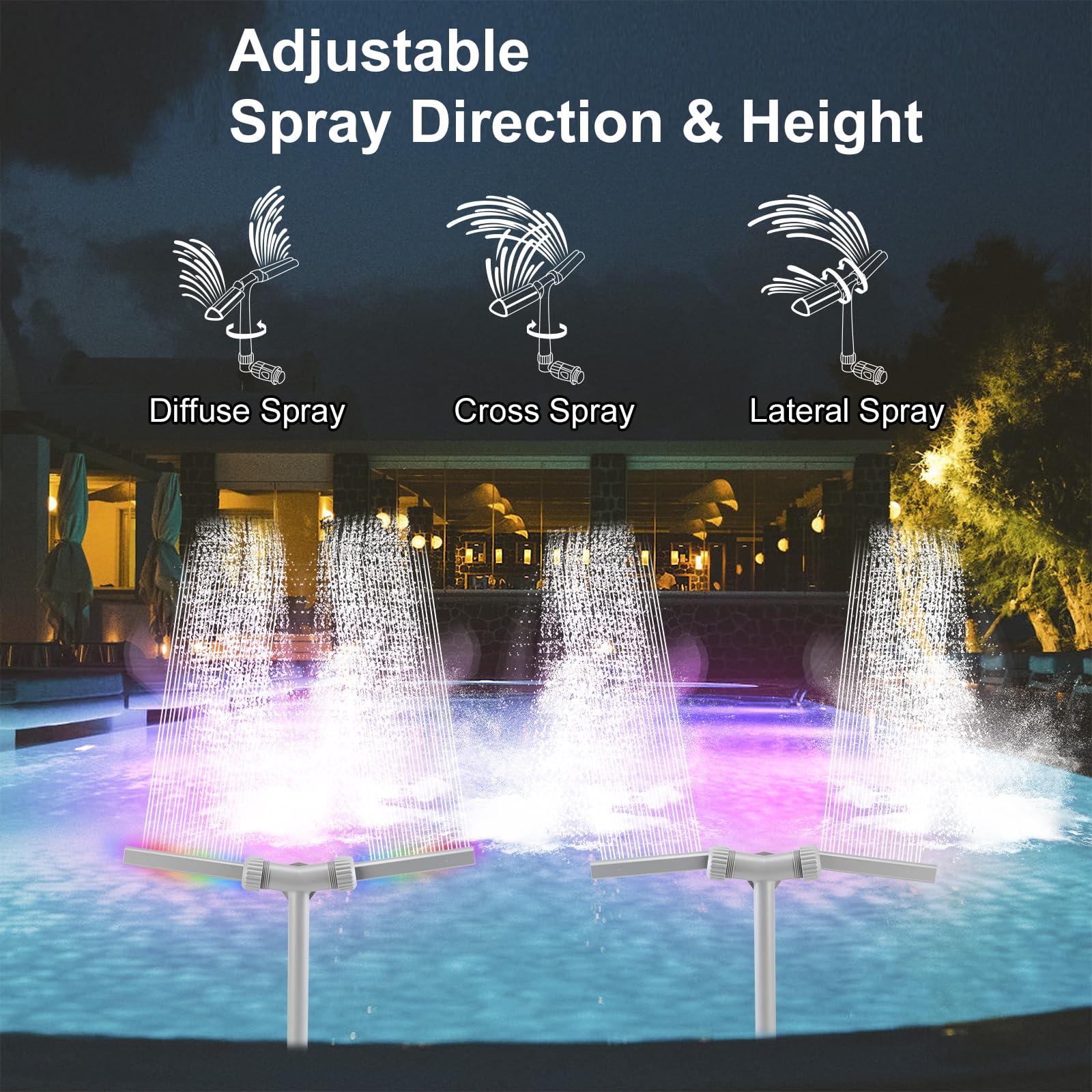 SWIMMORY Solar Pool Fountain Dual Sprayer with Lights Timer Remote White