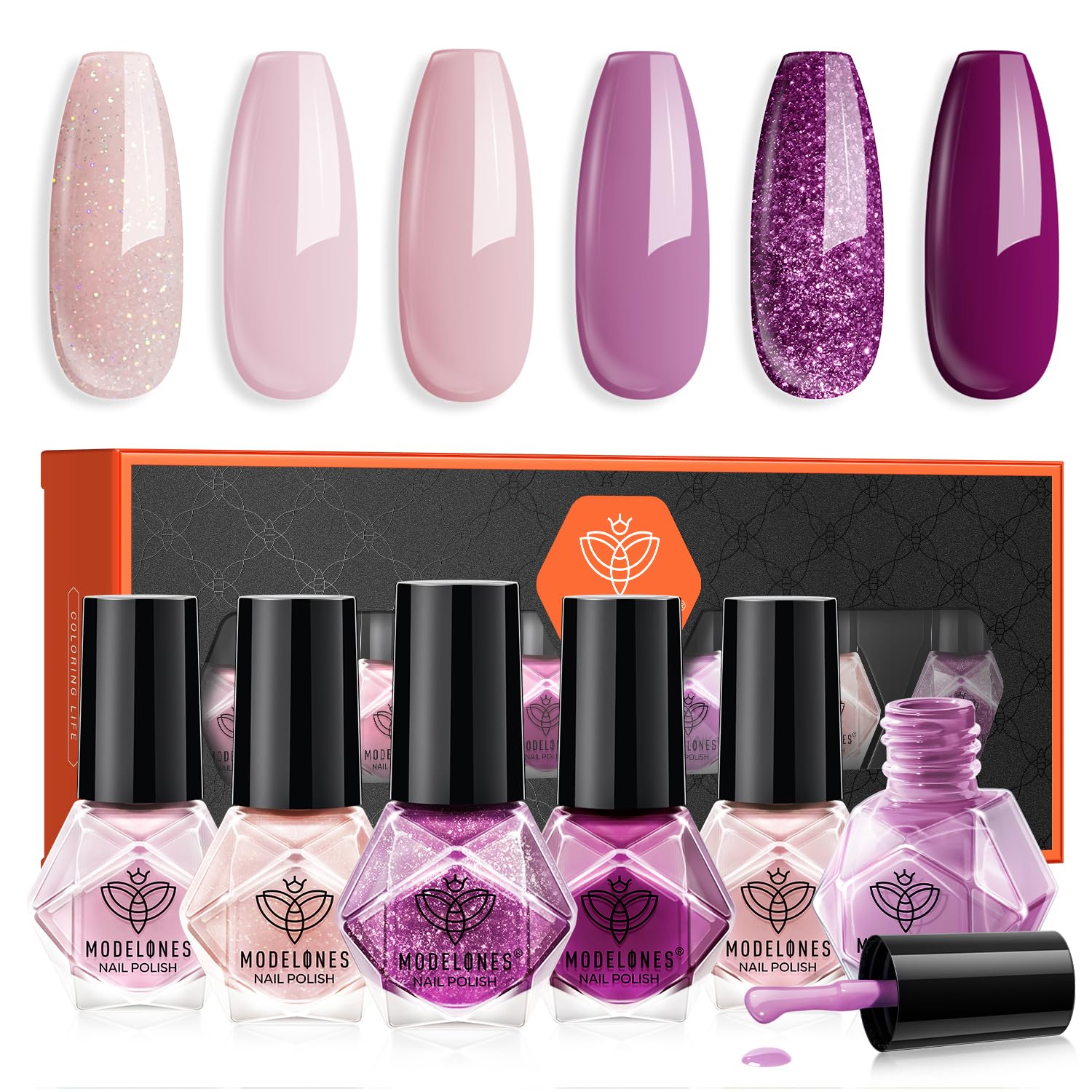 modelones Purple Nail Polish Set 6 Colors Glitter Pink Shimmer Mini Kit