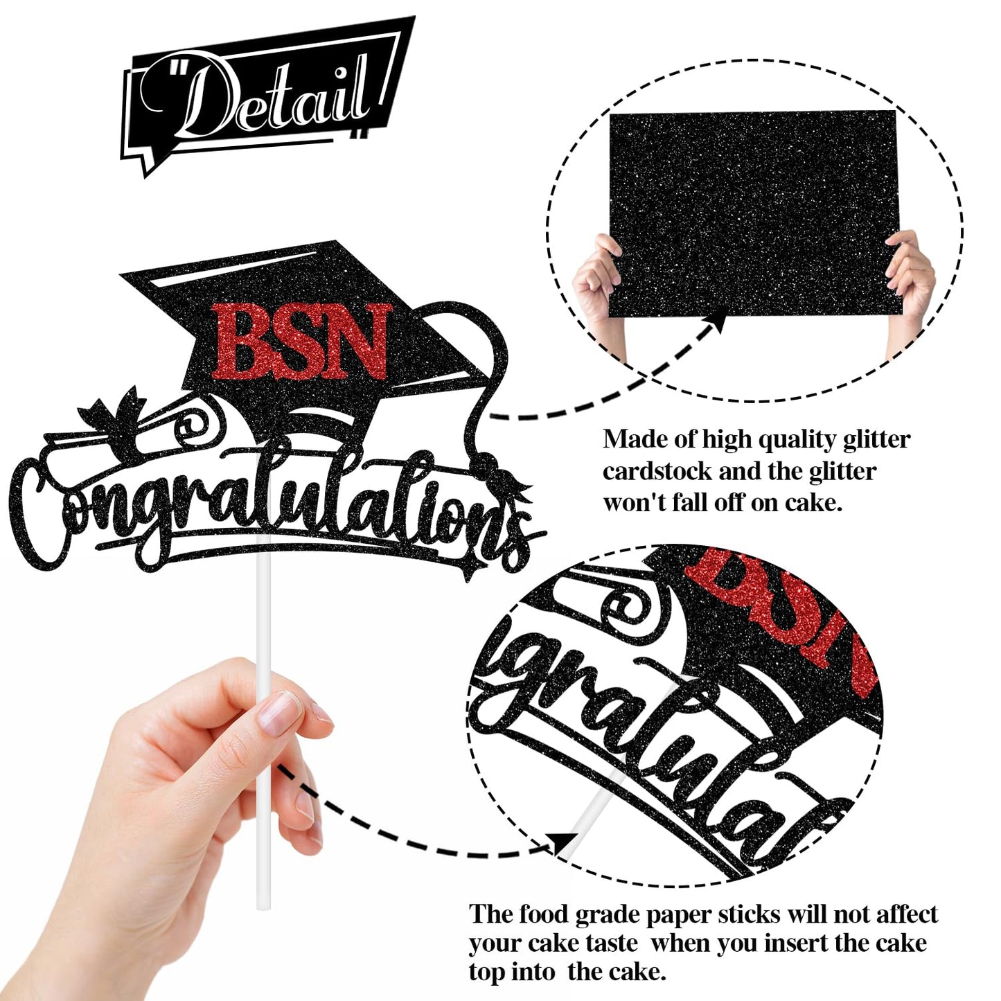 RLXPT Congratulations BSN Cake Topper Black Red Paper Nurse Grad 2025