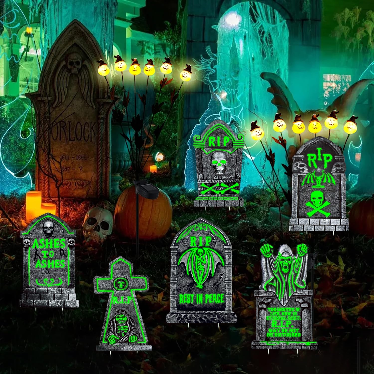 CiniQy Halloween Tombstones 6 Pack Light Up 16.5x11.5" Waterproof Outdoor Decor