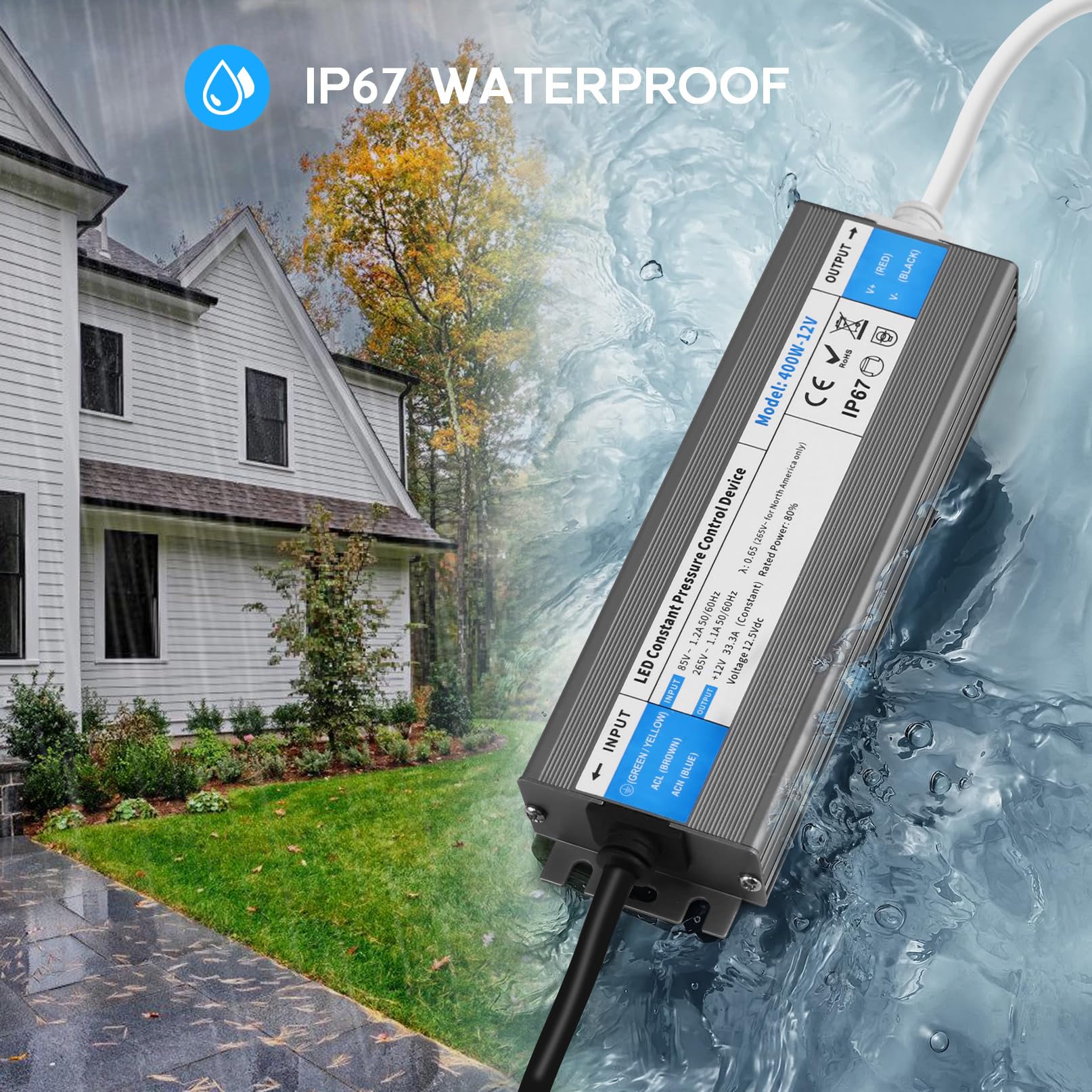 VOEWT LED Driver 100W Waterproof IP67 85-265V AC to 12V DC Power Supply Blue