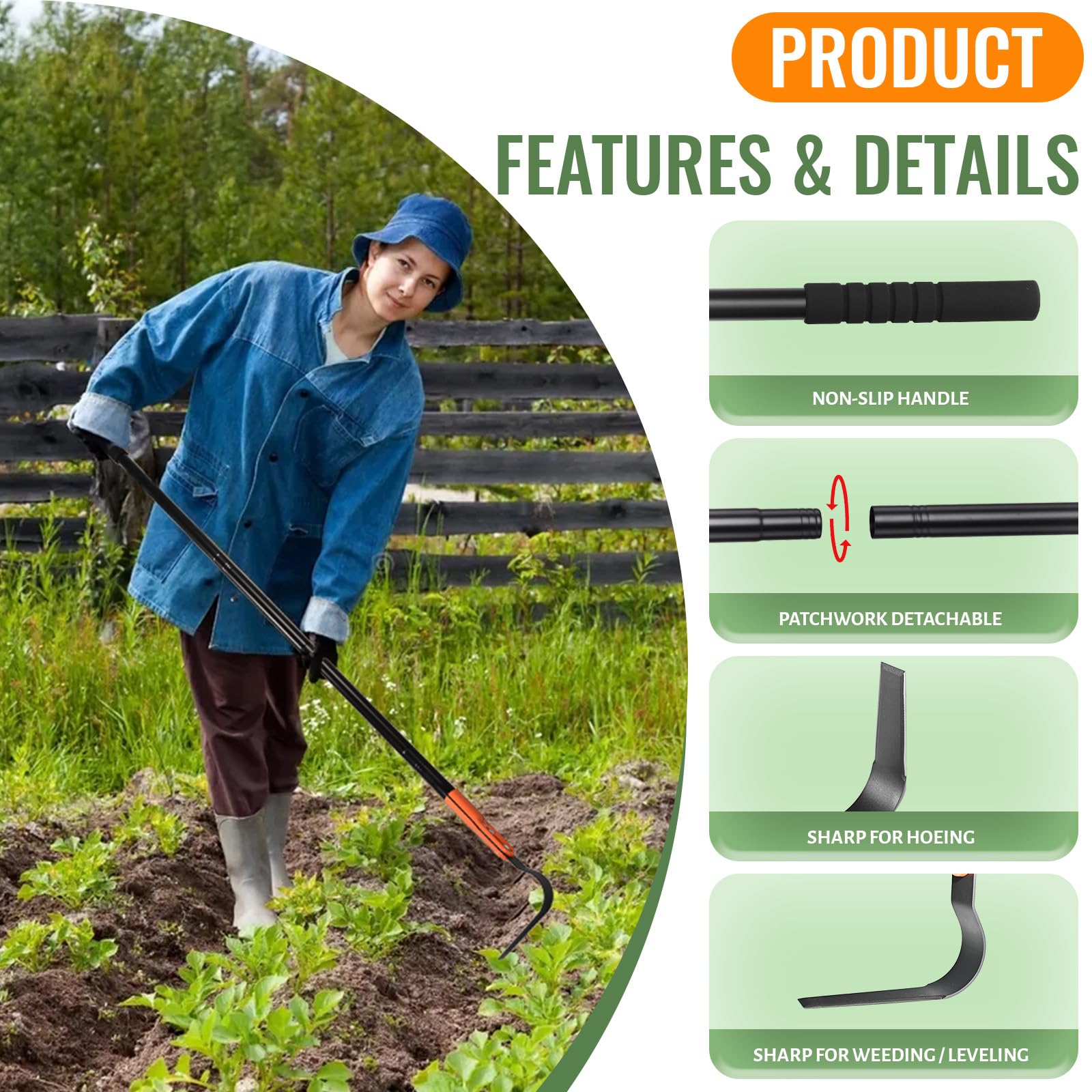 ABtool Hula Garden Hoe 71" Long Handle Orange L-Shaped Three-Sided Blade